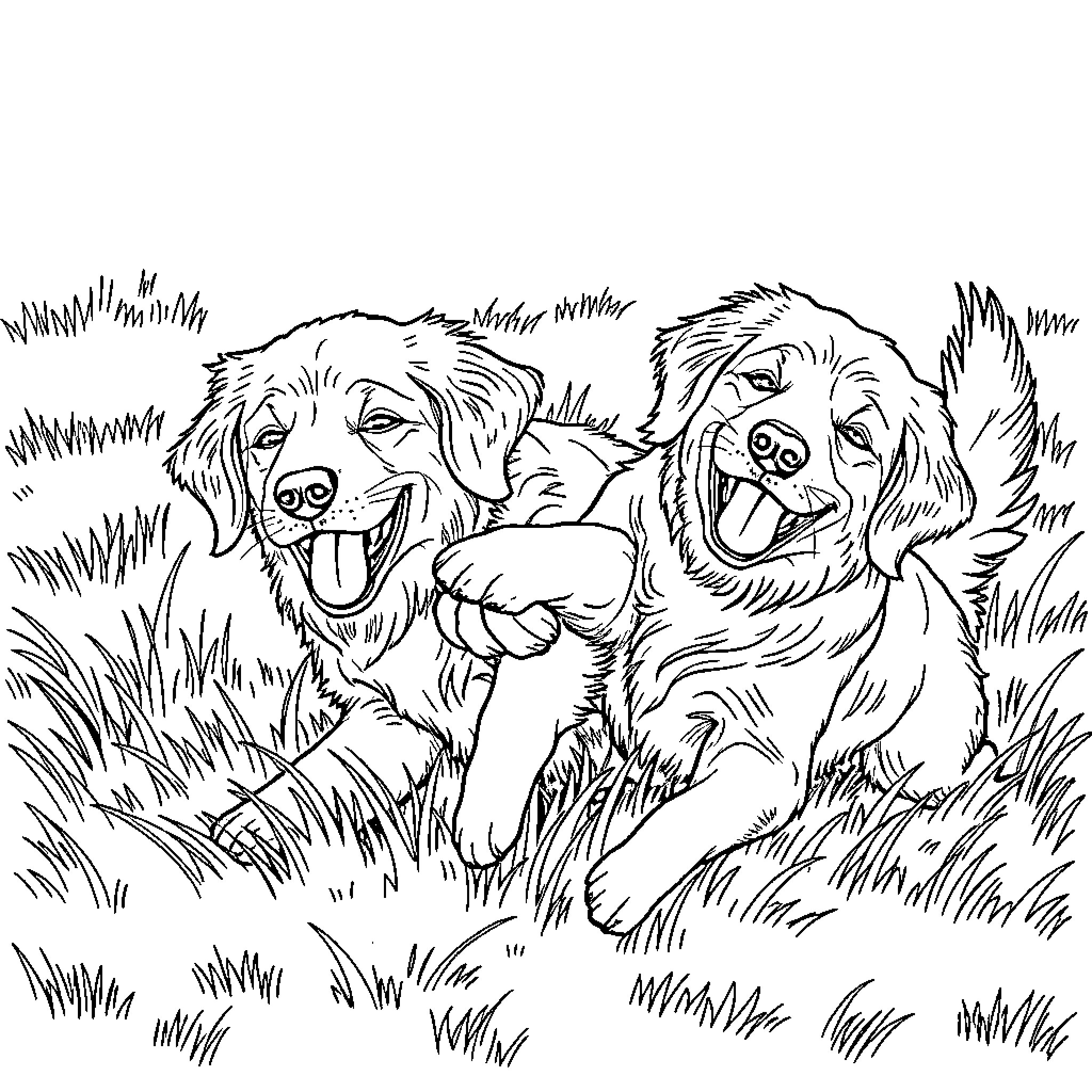 Golden Retrievers playing together in the grass Coloring Page (free black-and-white line drawing printable PDF for all, from beginners to advanced learners, including children, teens, adults, and seniors)