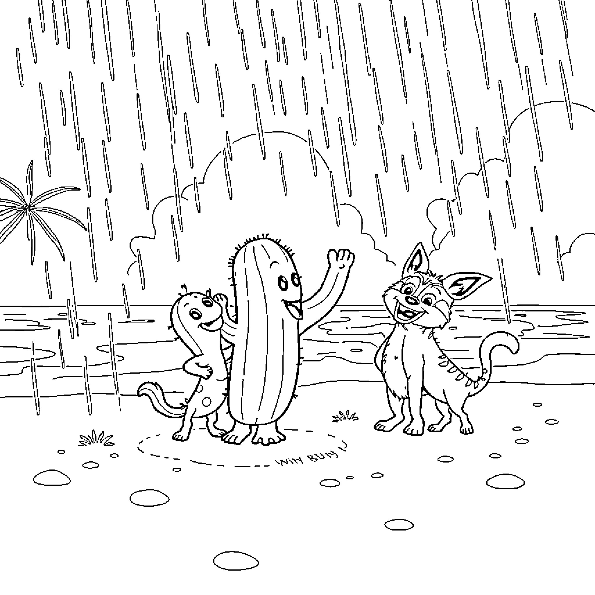 Cactus and friends enjoy the rainy day Coloring Page (free black-and-white line drawing printable PDF for all, from beginners to advanced learners, including children, teens, adults, and seniors)