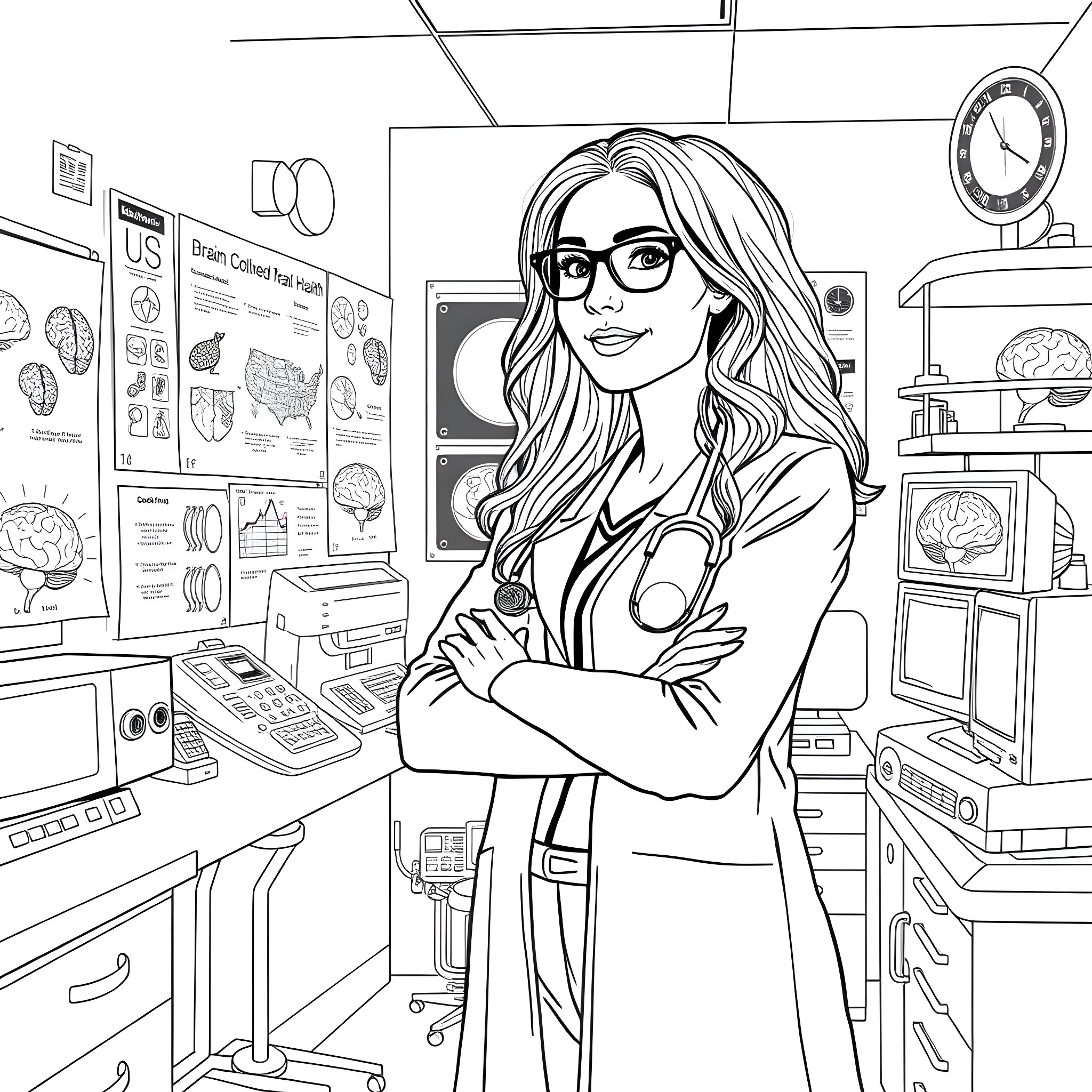 Bethanee in a science lab with educational posters Coloring Page (free black-and-white line drawing printable PDF for all, from beginners to advanced learners, including children, teens, adults, and seniors)