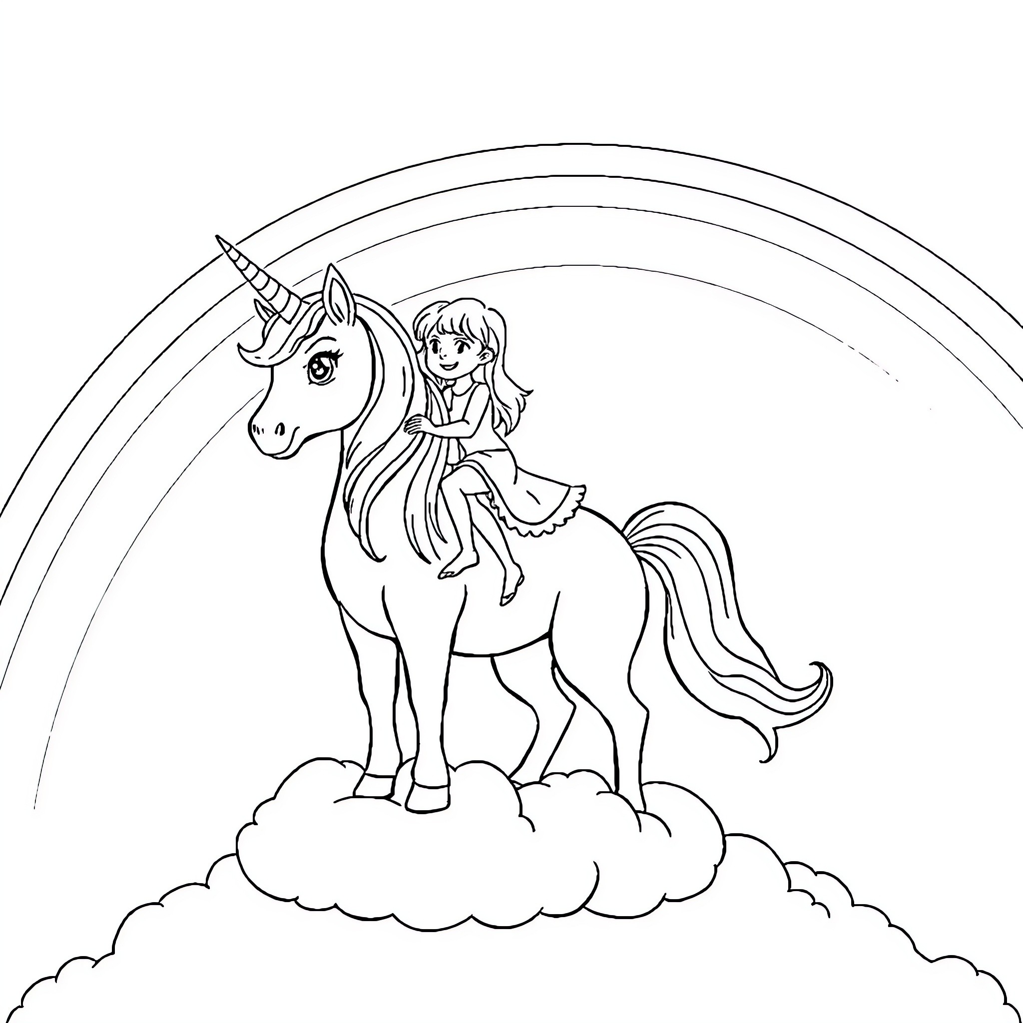 Unicorn and girl riding together in the clouds Coloring Page (free black-and-white line drawing printable PDF for all, from beginners to advanced learners, including children, teens, adults, and seniors)