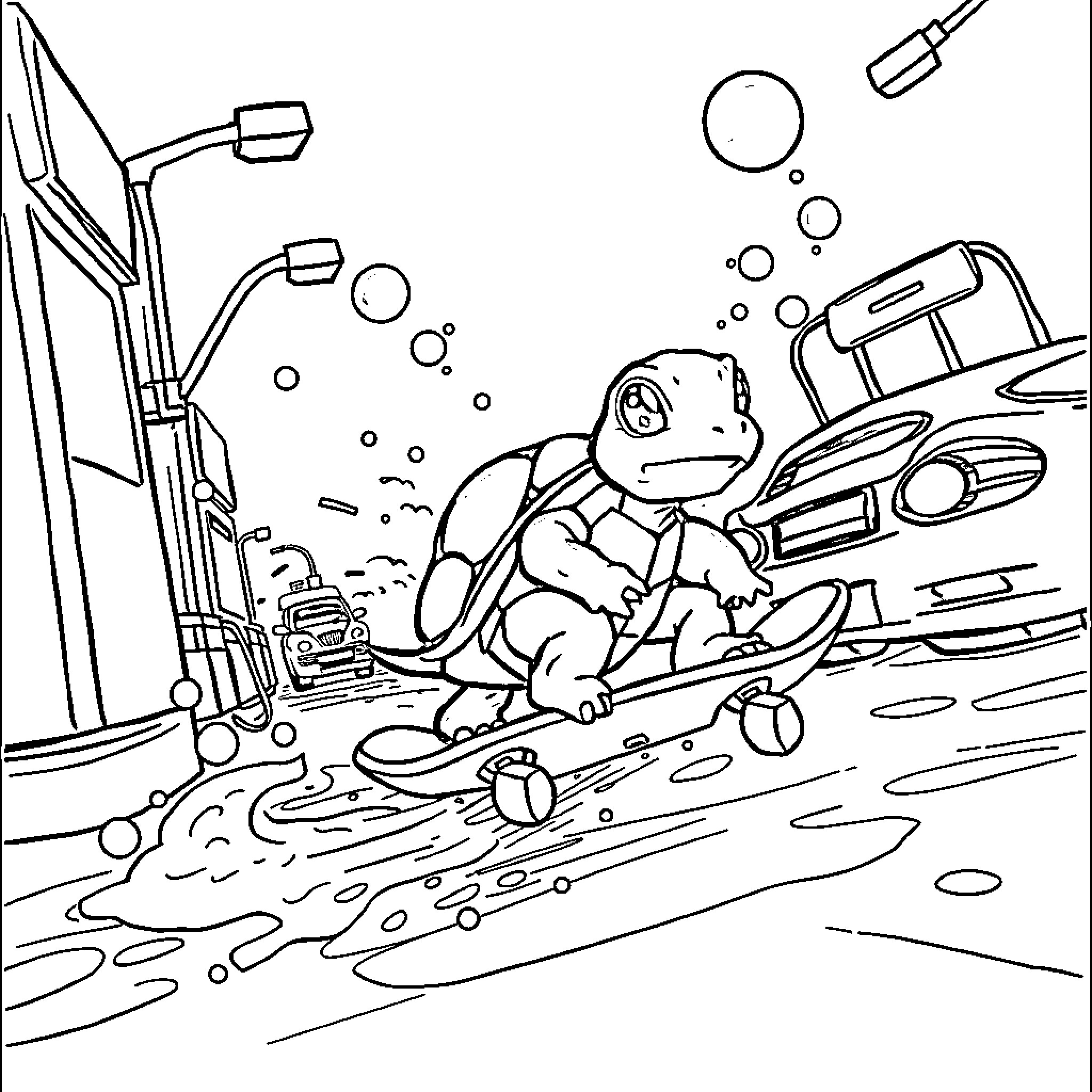 Turtle exploring underwater technology Coloring Page (free black-and-white line drawing printable PDF for all, from beginners to advanced learners, including children, teens, adults, and seniors)