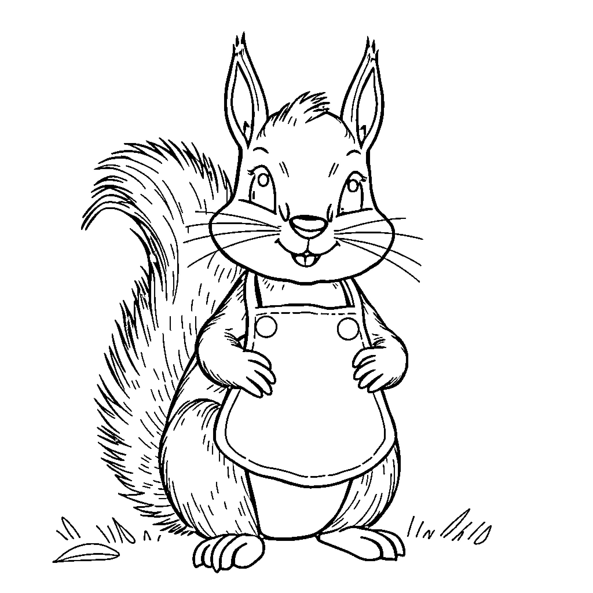 Squirrel wearing overalls smiling happily Coloring Page (free black-and-white line drawing printable PDF for all, from beginners to advanced learners, including children, teens, adults, and seniors)