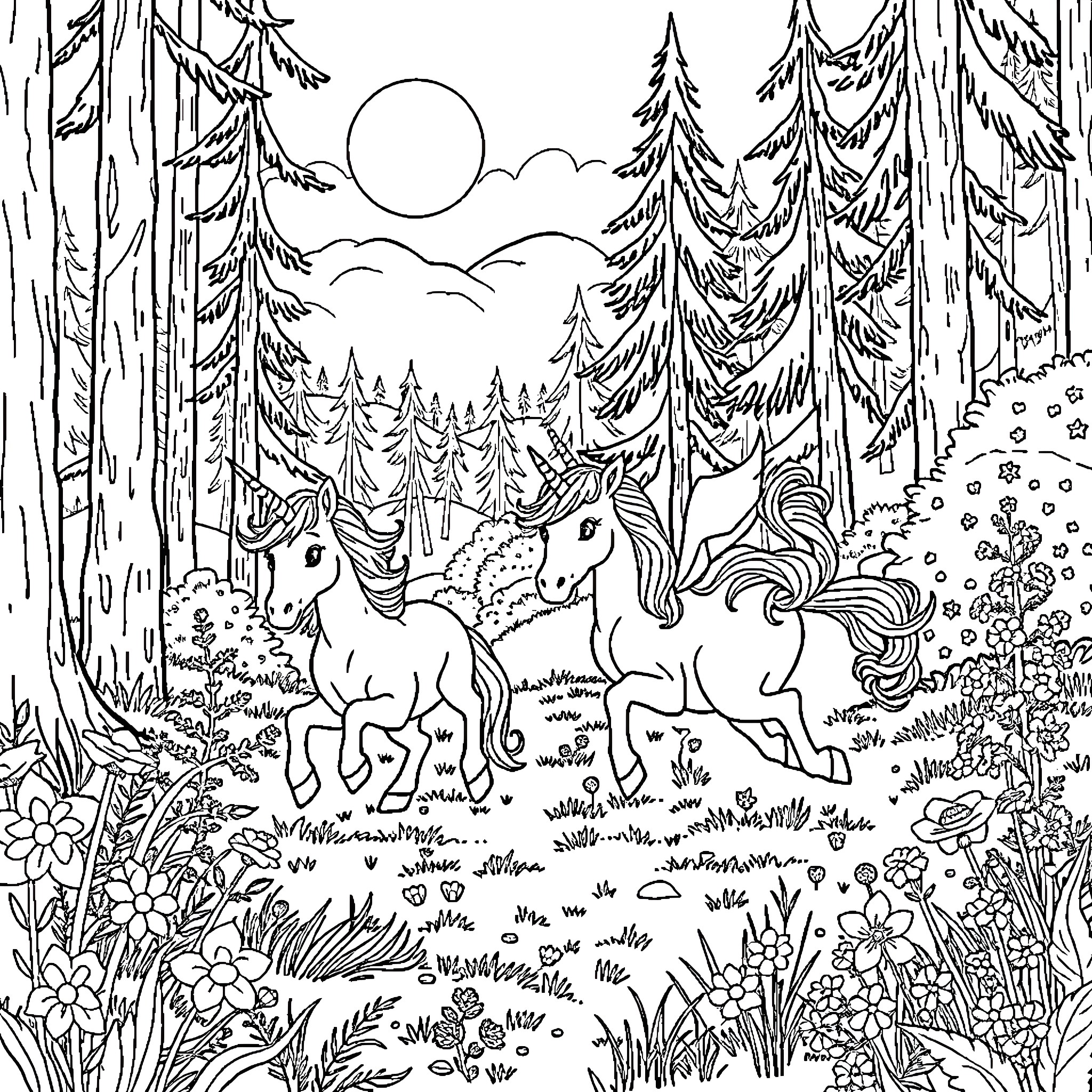 Centaur Creatures Frolicking in Enchanted Forest Coloring Page (free black-and-white line drawing printable PDF for all, from beginners to advanced learners, including children, teens, adults, and seniors)