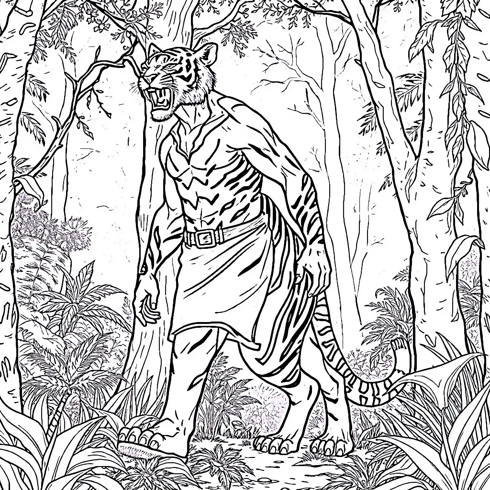 Tiger Man Roaring in Lush Jungle Landscape Coloring Page (free black-and-white line drawing printable PDF for all, from beginners to advanced learners, including children, teens, adults, and seniors)