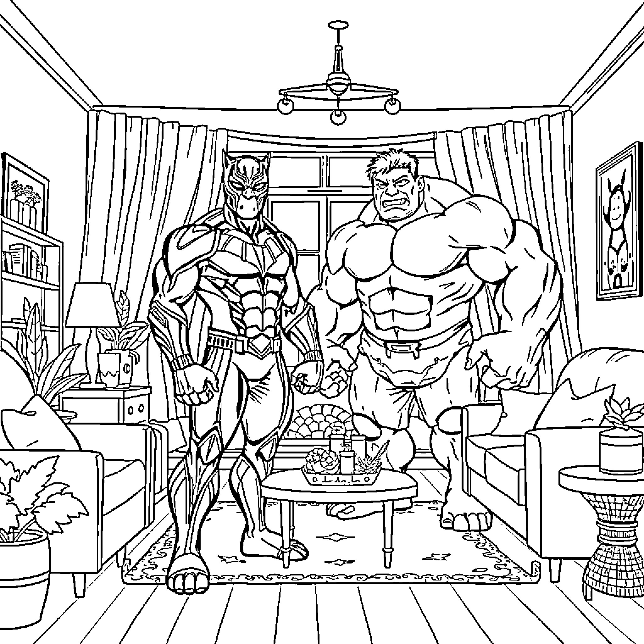 Panther Superheroes in Domestic Abode Coloring Page (free black-and-white line drawing printable PDF for all, from beginners to advanced learners, including children, teens, adults, and seniors)