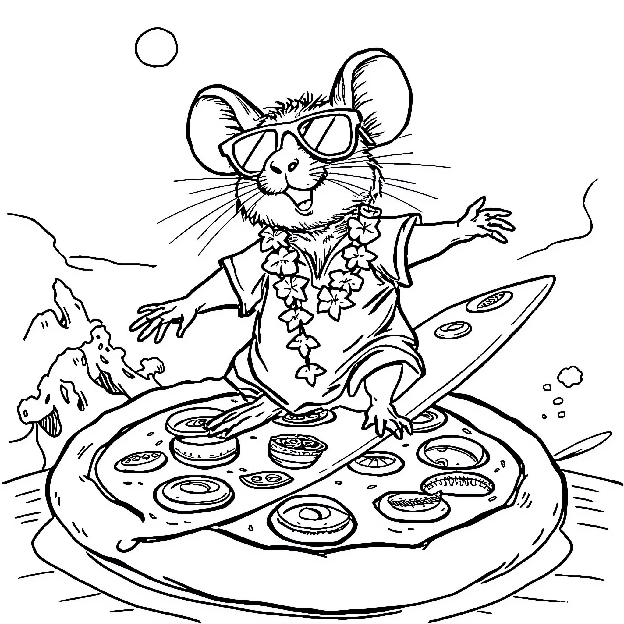 Rat enjoying a tropical pizza vacation Coloring Page (free black-and-white line drawing printable PDF for all, from beginners to advanced learners, including children, teens, adults, and seniors)