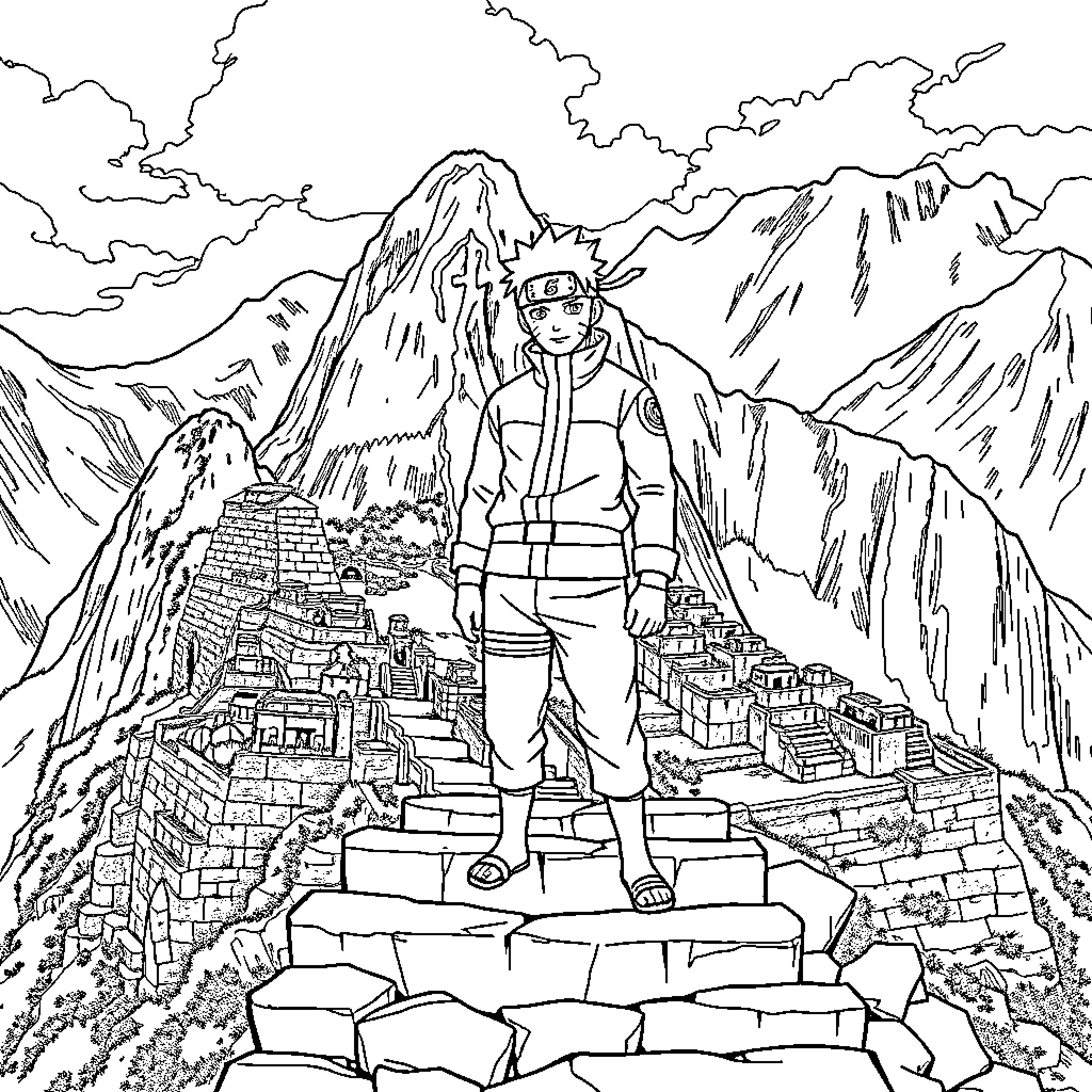 Naruto exploring the ancient ruins in the mountains Coloring Page (free black-and-white line drawing printable PDF for all, from beginners to advanced learners, including children, teens, adults, and seniors)