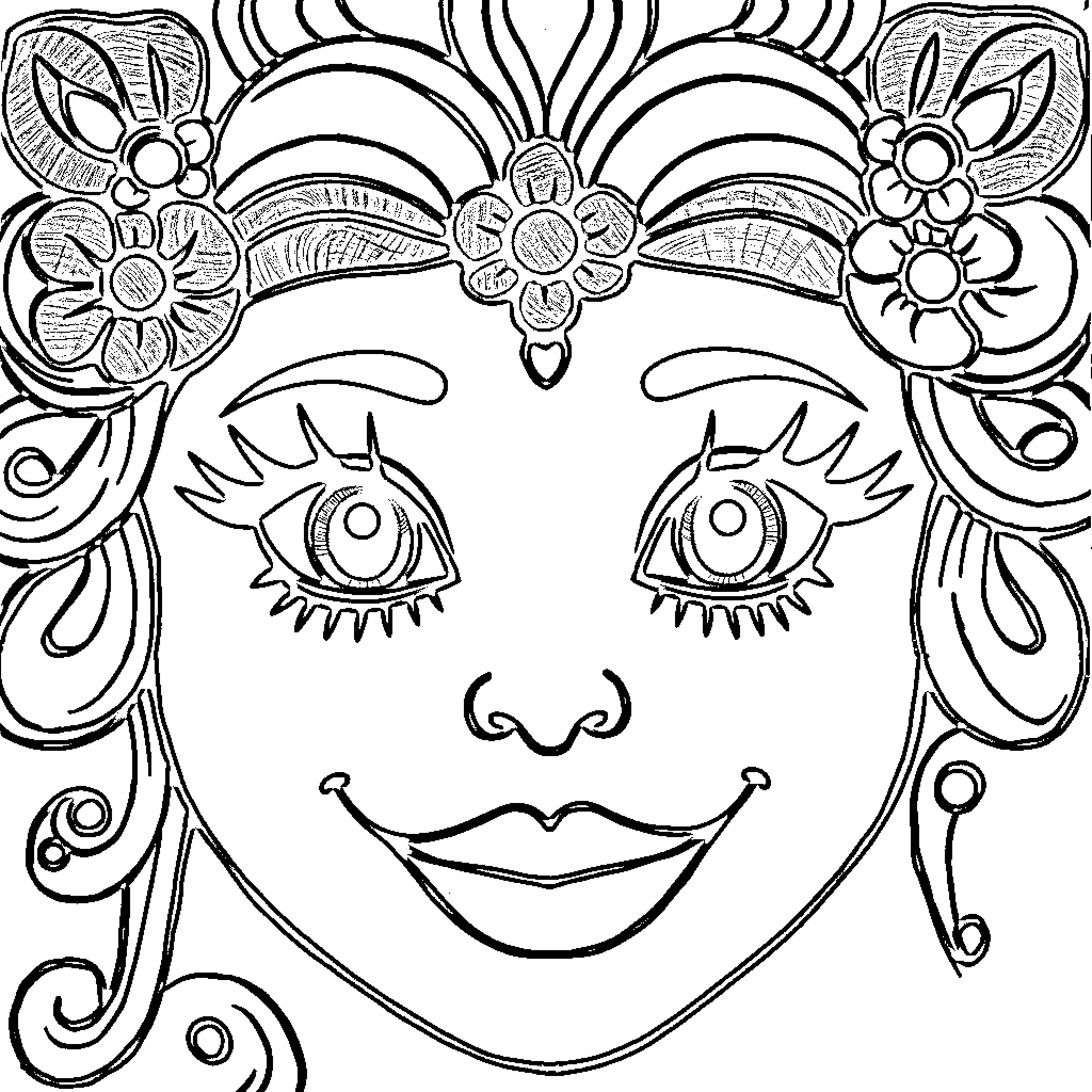 Face adorned with intricate floral patterns Coloring Page (free black-and-white line drawing printable PDF for all, from beginners to advanced learners, including children, teens, adults, and seniors)