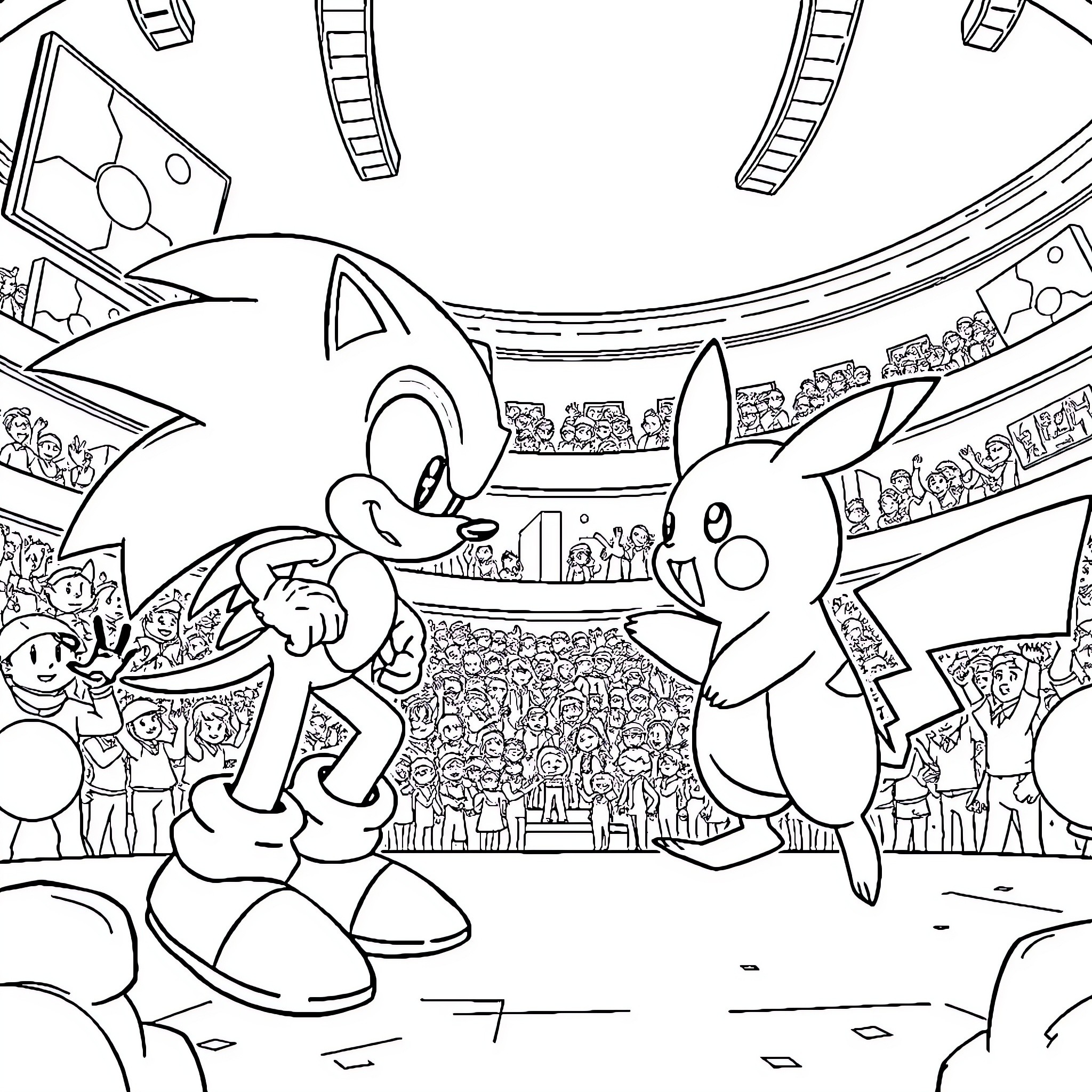 Sonic characters in animated stadium scene Coloring Page (free black-and-white line drawing printable PDF for all, from beginners to advanced learners, including children, teens, adults, and seniors)
