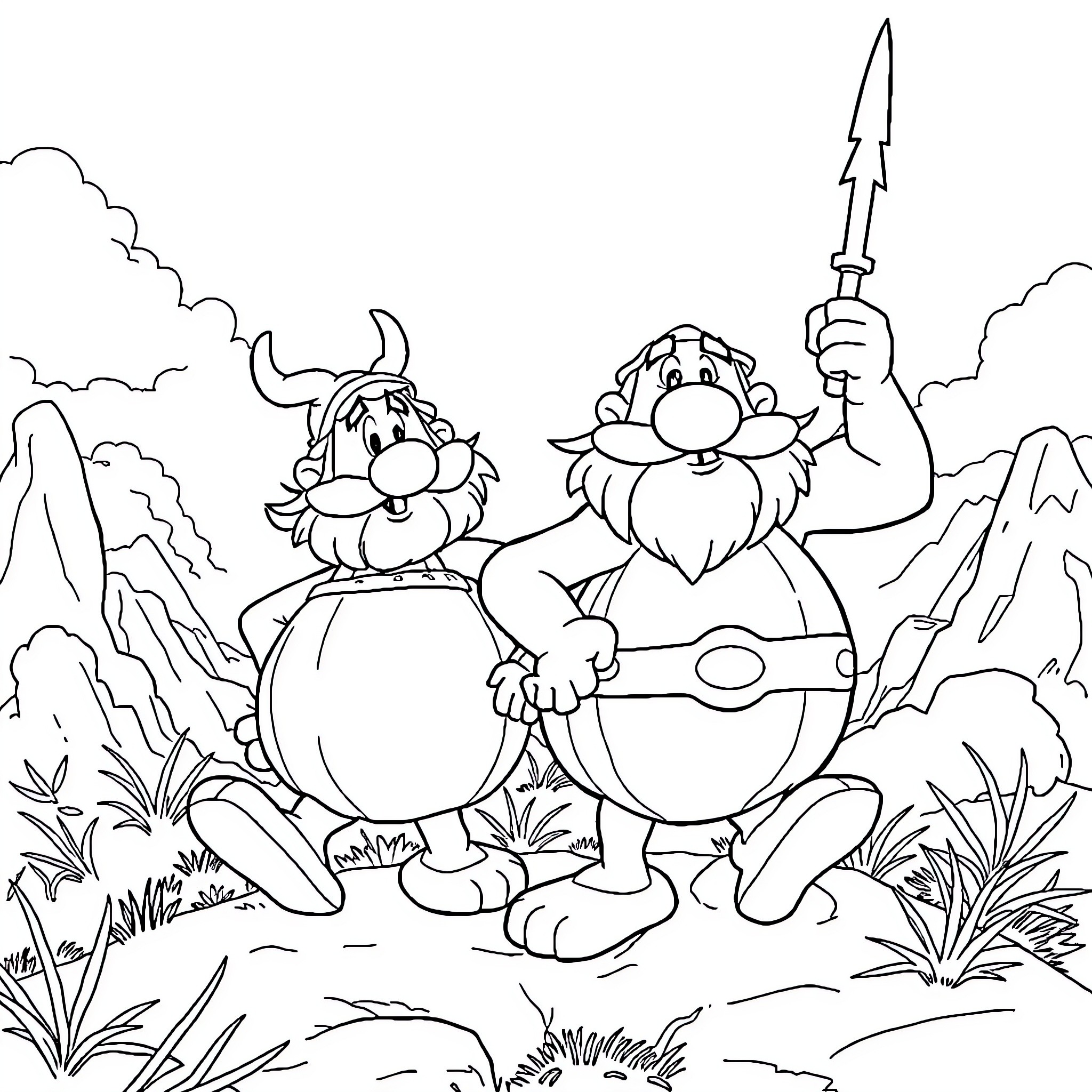 Asterix and Obelix on an adventure in the wild Coloring Page (free black-and-white line drawing printable PDF for all, from beginners to advanced learners, including children, teens, adults, and seniors)