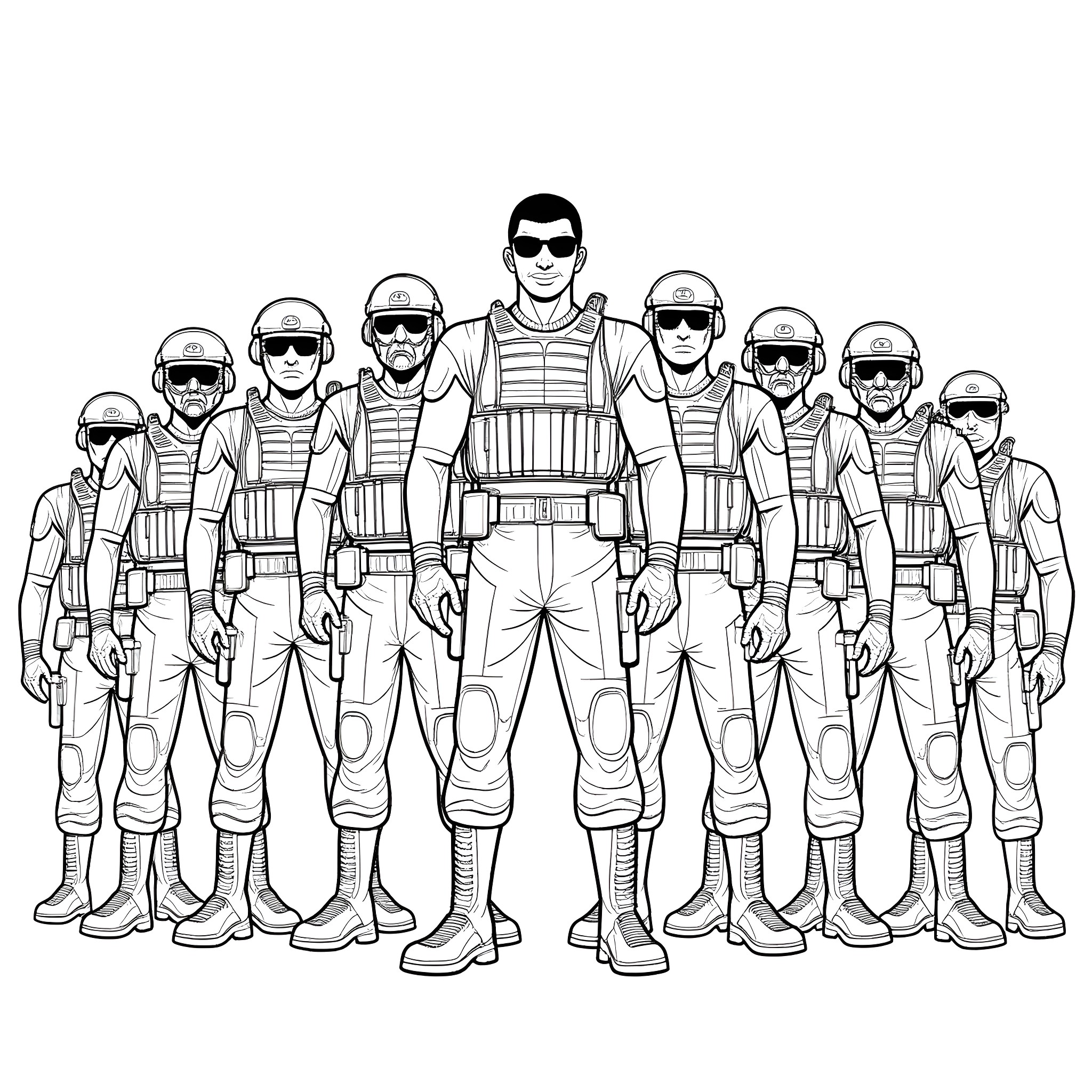 Soldier squad on duty in formation Coloring Page (free black-and-white line drawing printable PDF for all, from beginners to advanced learners, including children, teens, adults, and seniors)