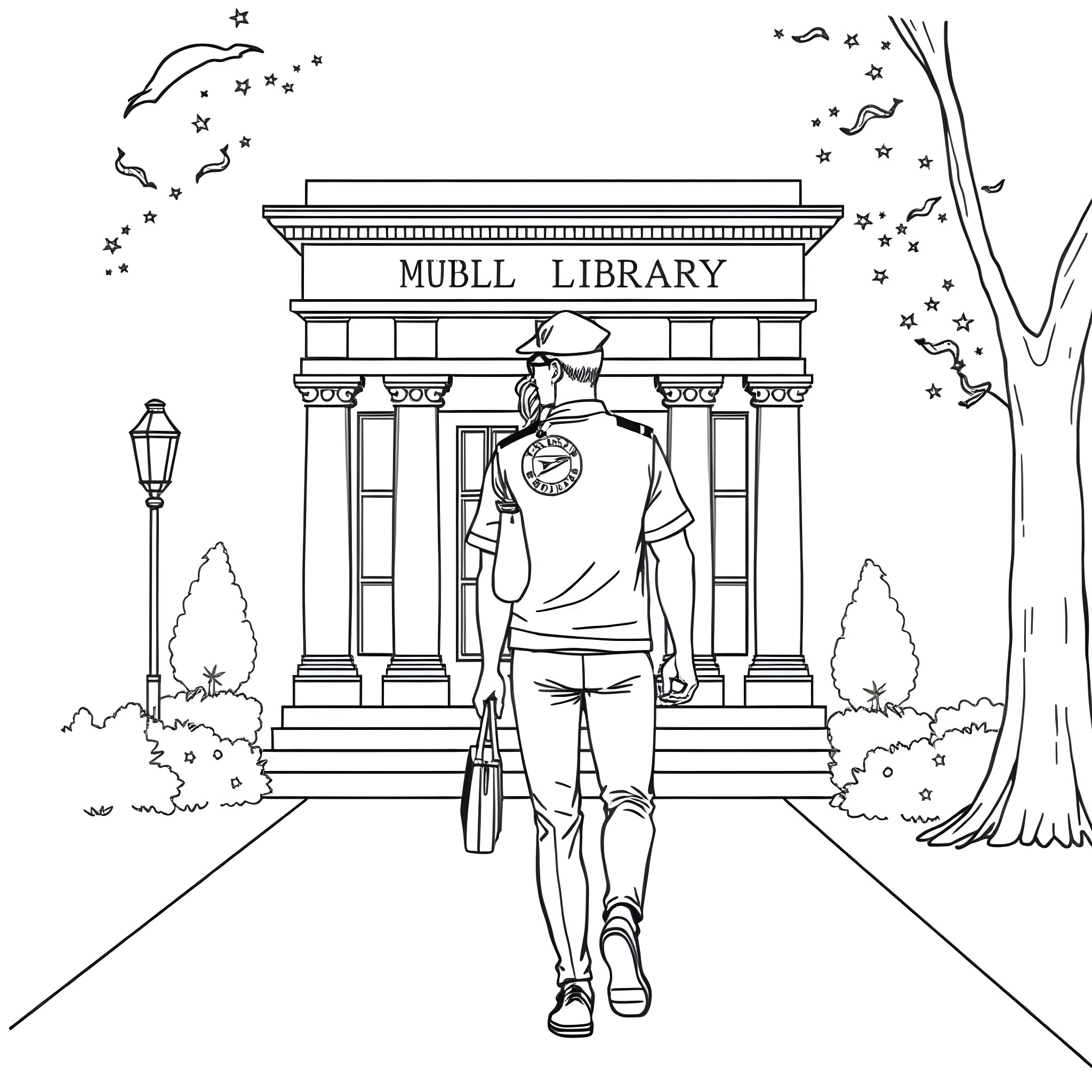 Husband walking towards Mubll Library Coloring Page (free black-and-white line drawing printable PDF for all, from beginners to advanced learners, including children, teens, adults, and seniors)