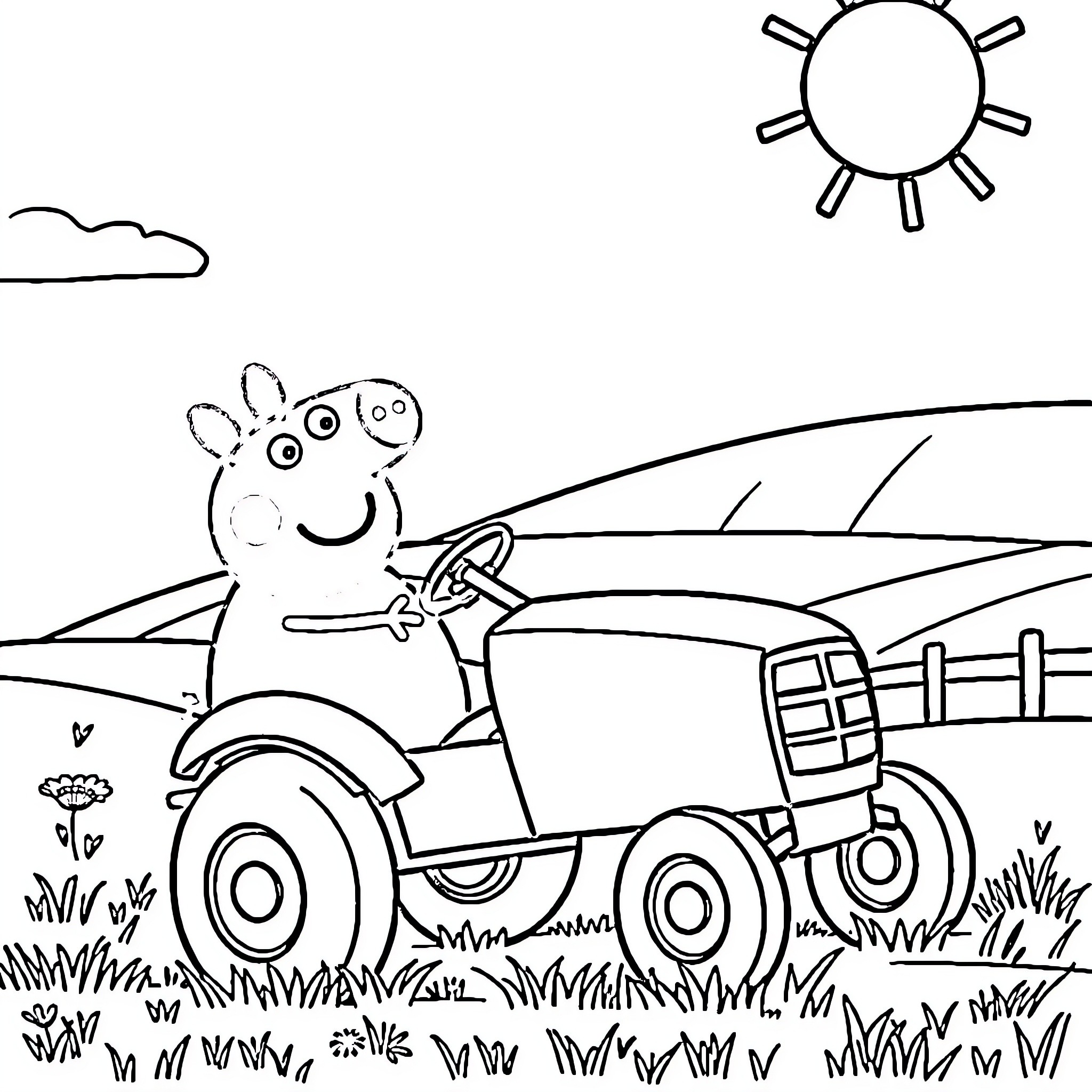 Peppa Pig driving a tractor in the countryside Coloring Page (free black-and-white line drawing printable PDF for all, from beginners to advanced learners, including children, teens, adults, and seniors)