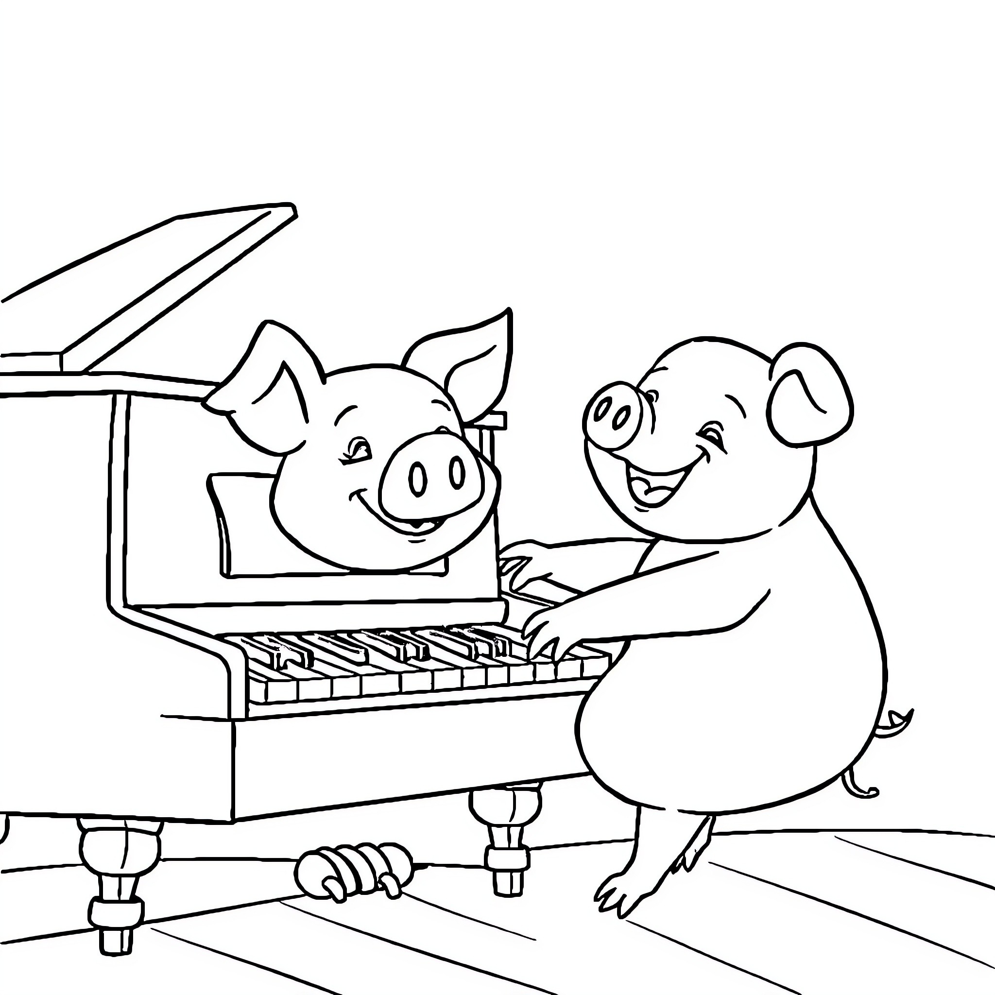 Pigs playing musical instruments together Coloring Page (free black-and-white line drawing printable PDF for all, from beginners to advanced learners, including children, teens, adults, and seniors)