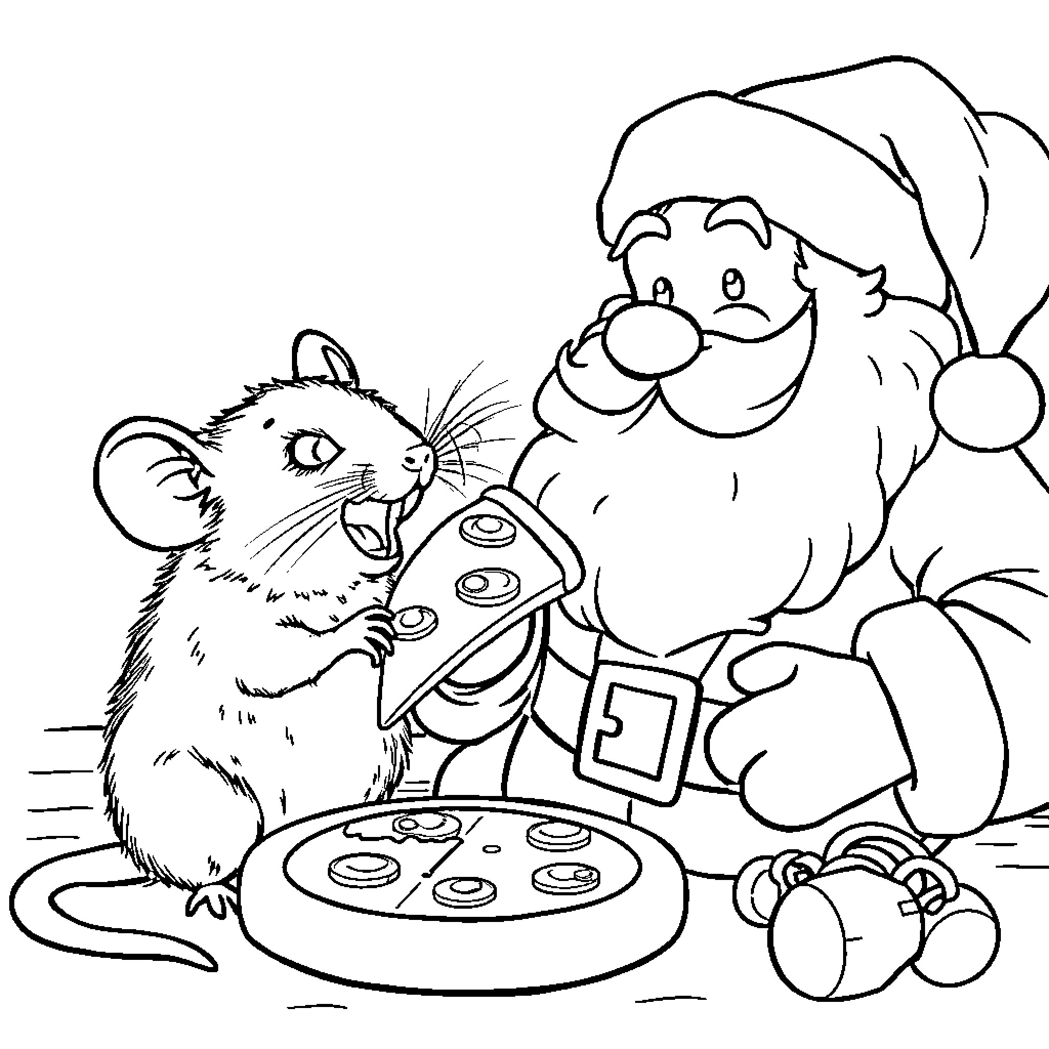 Rat and Santa Claus sharing cookies Coloring Page (free black-and-white line drawing printable PDF for all, from beginners to advanced learners, including children, teens, adults, and seniors)