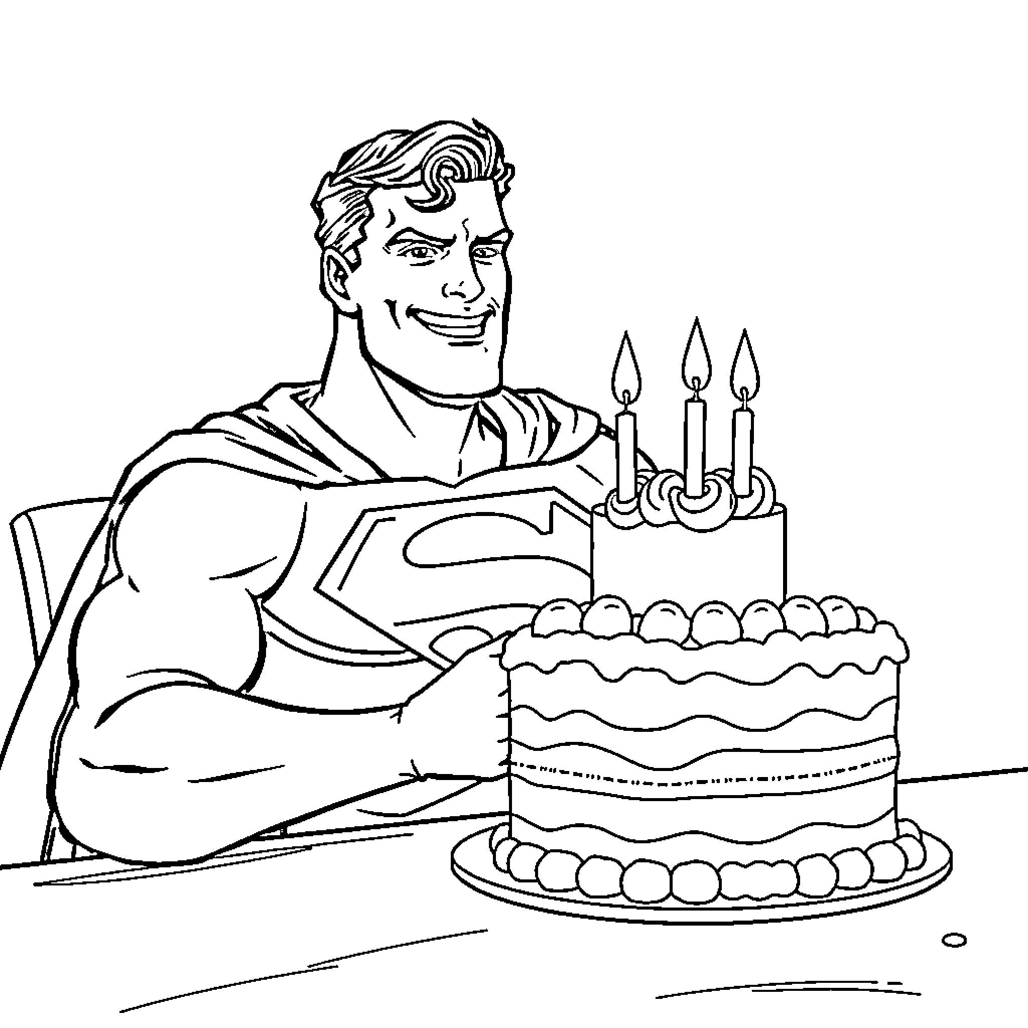 Superman celebrates birthday with cake and candles Coloring Page (free black-and-white line drawing printable PDF for all, from beginners to advanced learners, including children, teens, adults, and seniors)