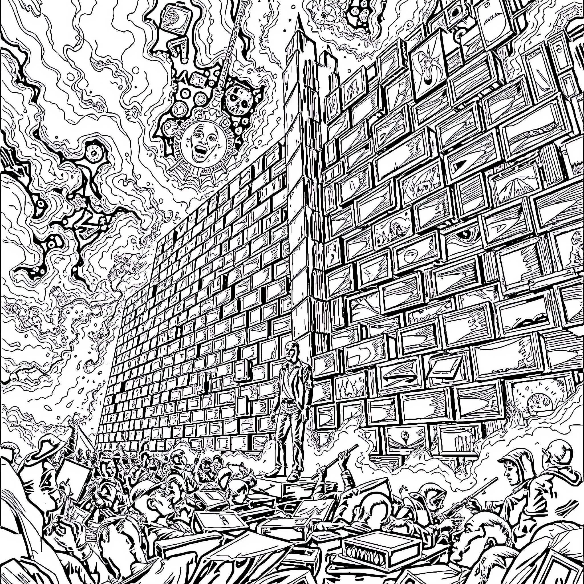 Pink Floyd's Surreal Psychedelic Spectacle Coloring Page (free black-and-white line drawing printable PDF for all, from beginners to advanced learners, including children, teens, adults, and seniors)