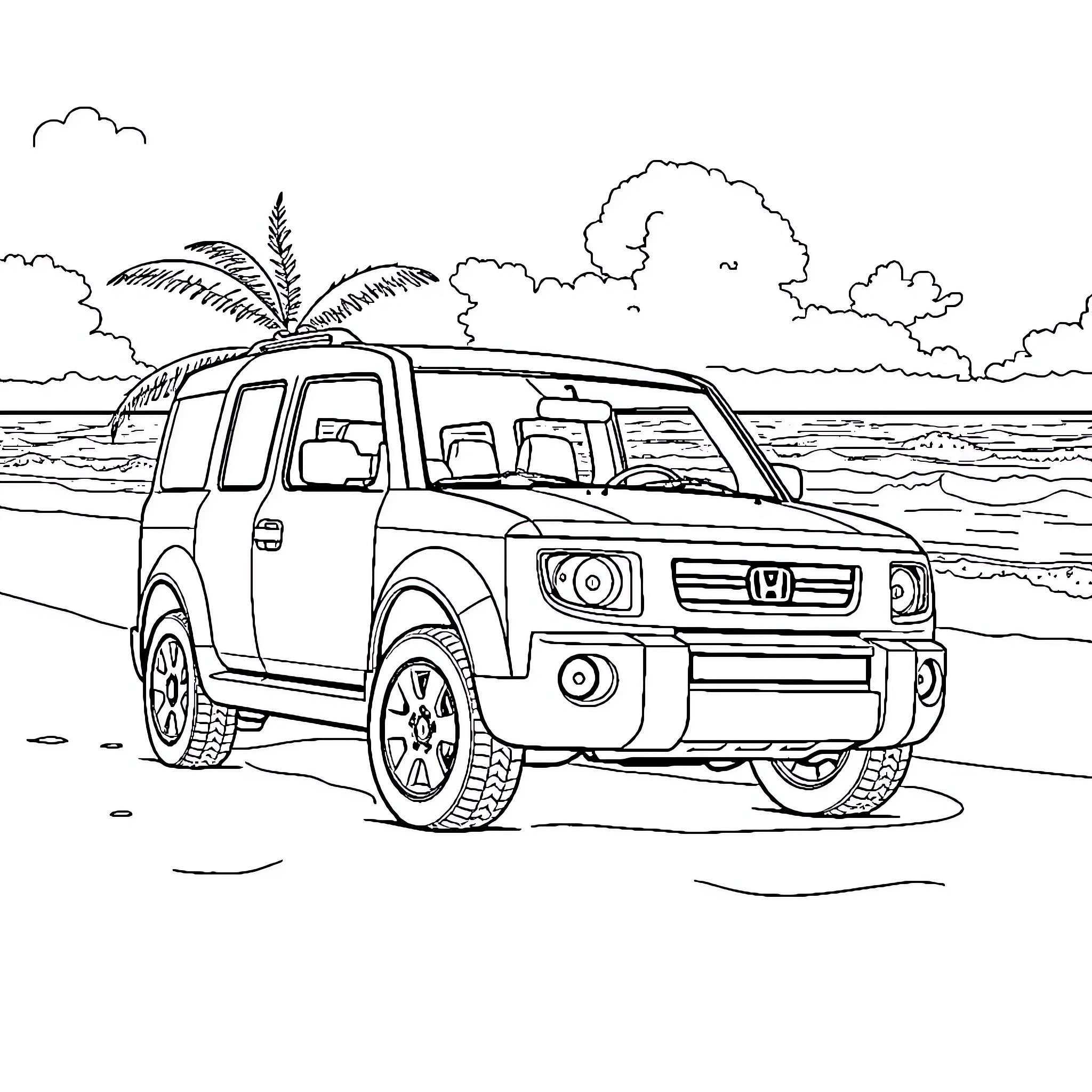 Honda SUV on the beach Coloring Page (free black-and-white line drawing printable PDF for all, from beginners to advanced learners, including children, teens, adults, and seniors)