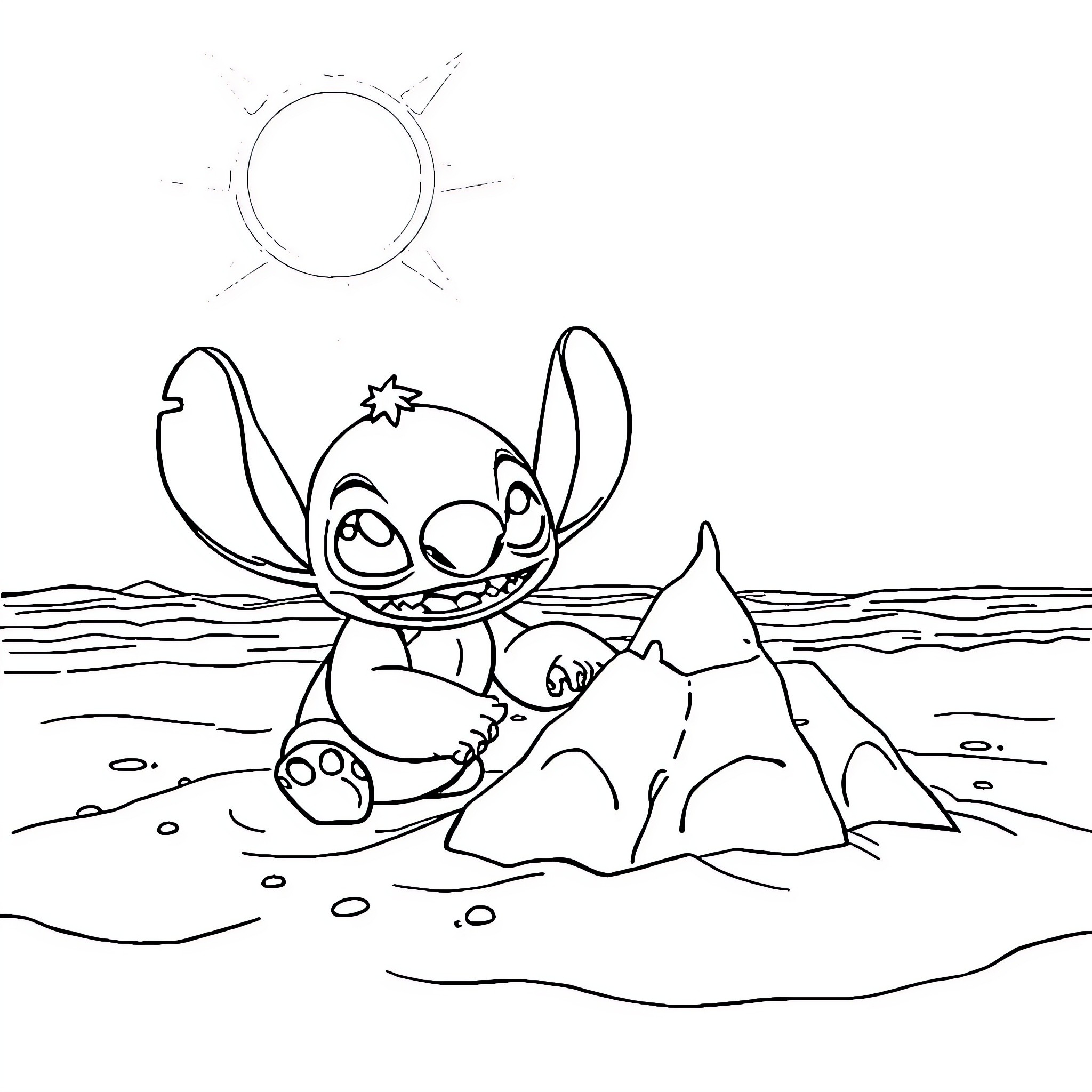 Stitch building sand castle on the beach Coloring Page (free black-and-white line drawing printable PDF for all, from beginners to advanced learners, including children, teens, adults, and seniors)