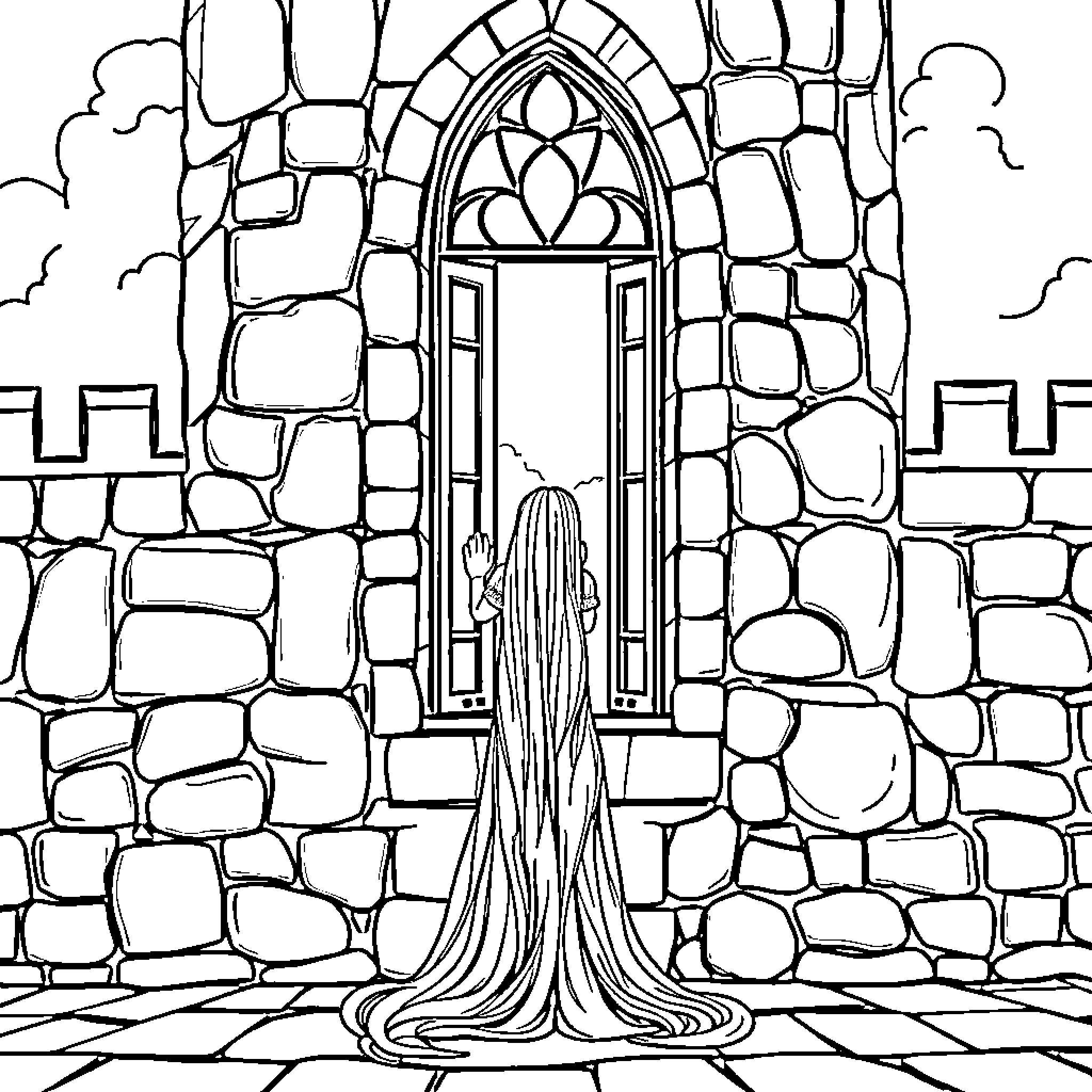 Princess in a Magnificent Castle Entrance Coloring Page (free black-and-white line drawing printable PDF for all, from beginners to advanced learners, including children, teens, adults, and seniors)