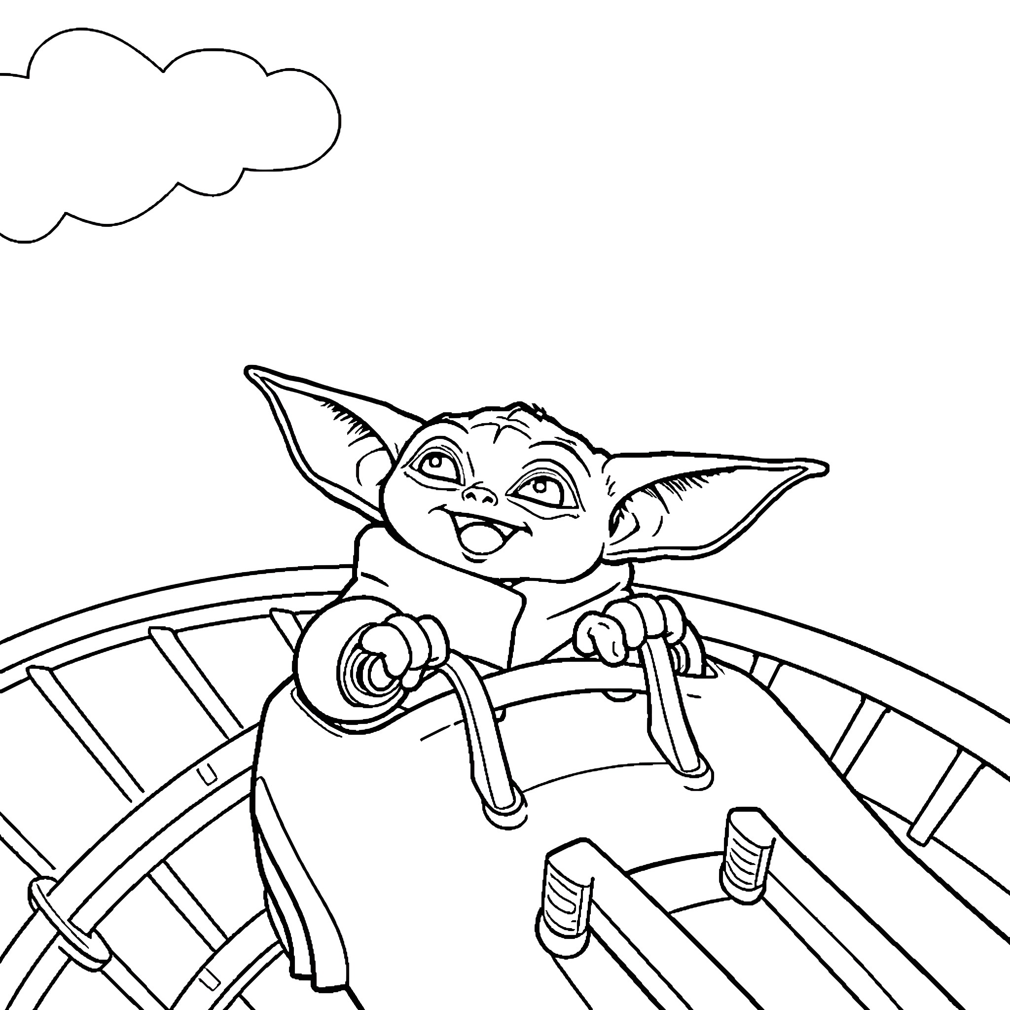 Baby Yoda riding on a wheel in the clouds Coloring Page (free black-and-white line drawing printable PDF for all, from beginners to advanced learners, including children, teens, adults, and seniors)