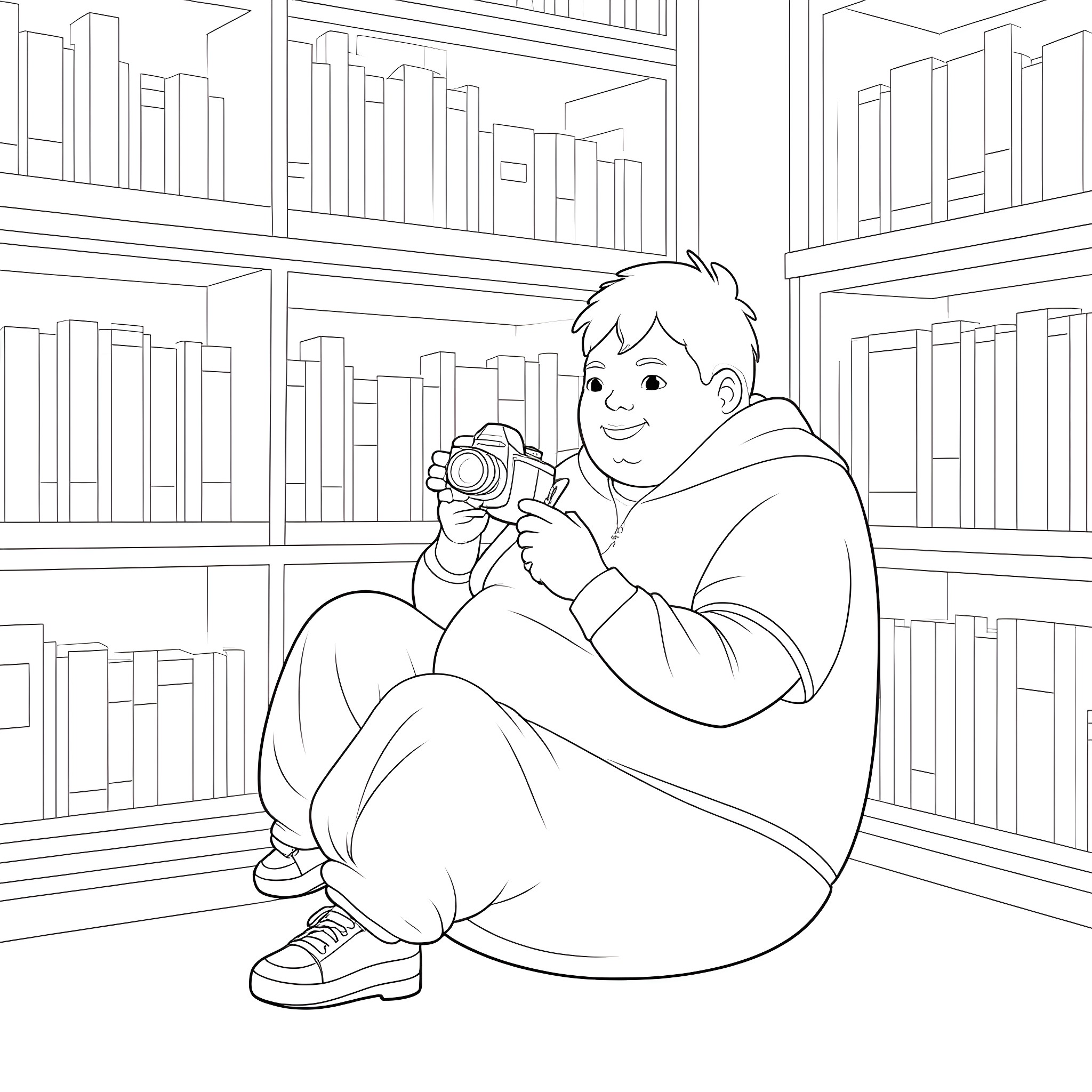 Photographer capturing a moment in the library Coloring Page (free black-and-white line drawing printable PDF for all, from beginners to advanced learners, including children, teens, adults, and seniors)