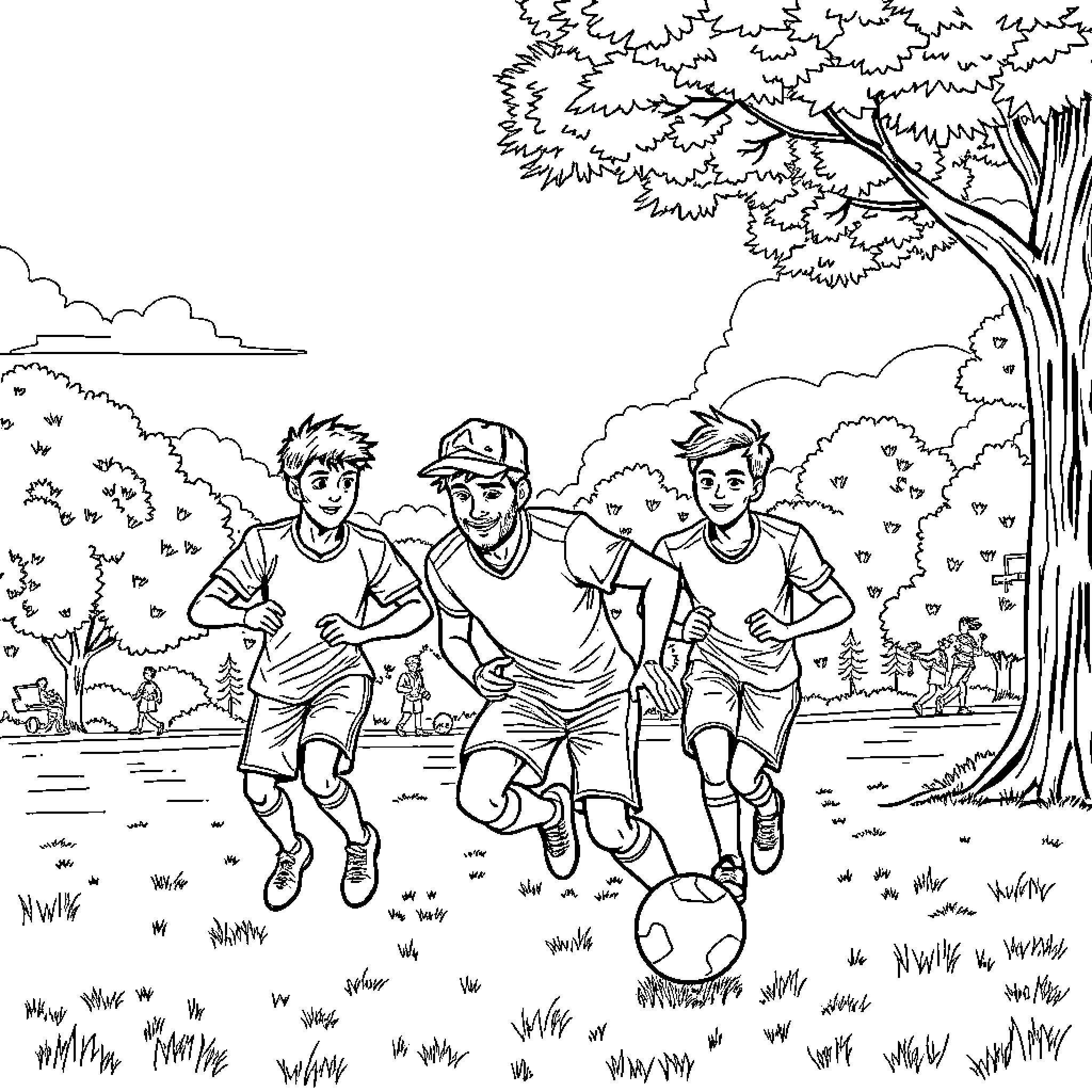 Damon Hunter and friends playing soccer outdoors Coloring Page (free black-and-white line drawing printable PDF for all, from beginners to advanced learners, including children, teens, adults, and seniors)