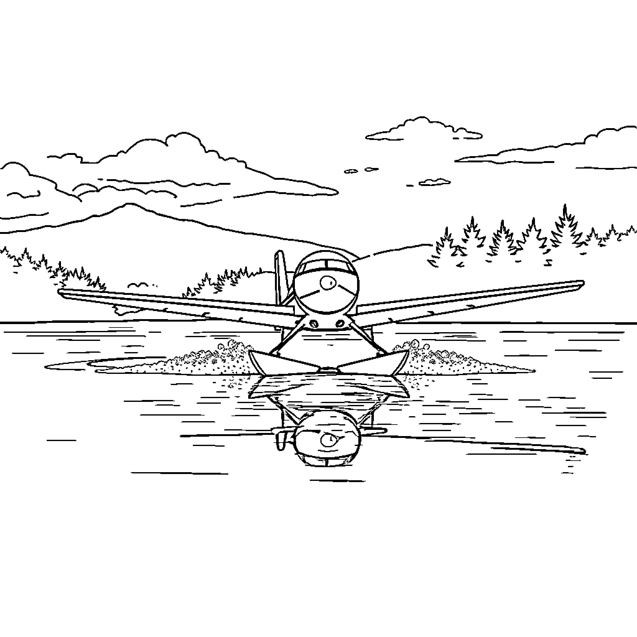 Airplane landing on water in nature landscape Coloring Page (free black-and-white line drawing printable PDF for all, from beginners to advanced learners, including children, teens, adults, and seniors)