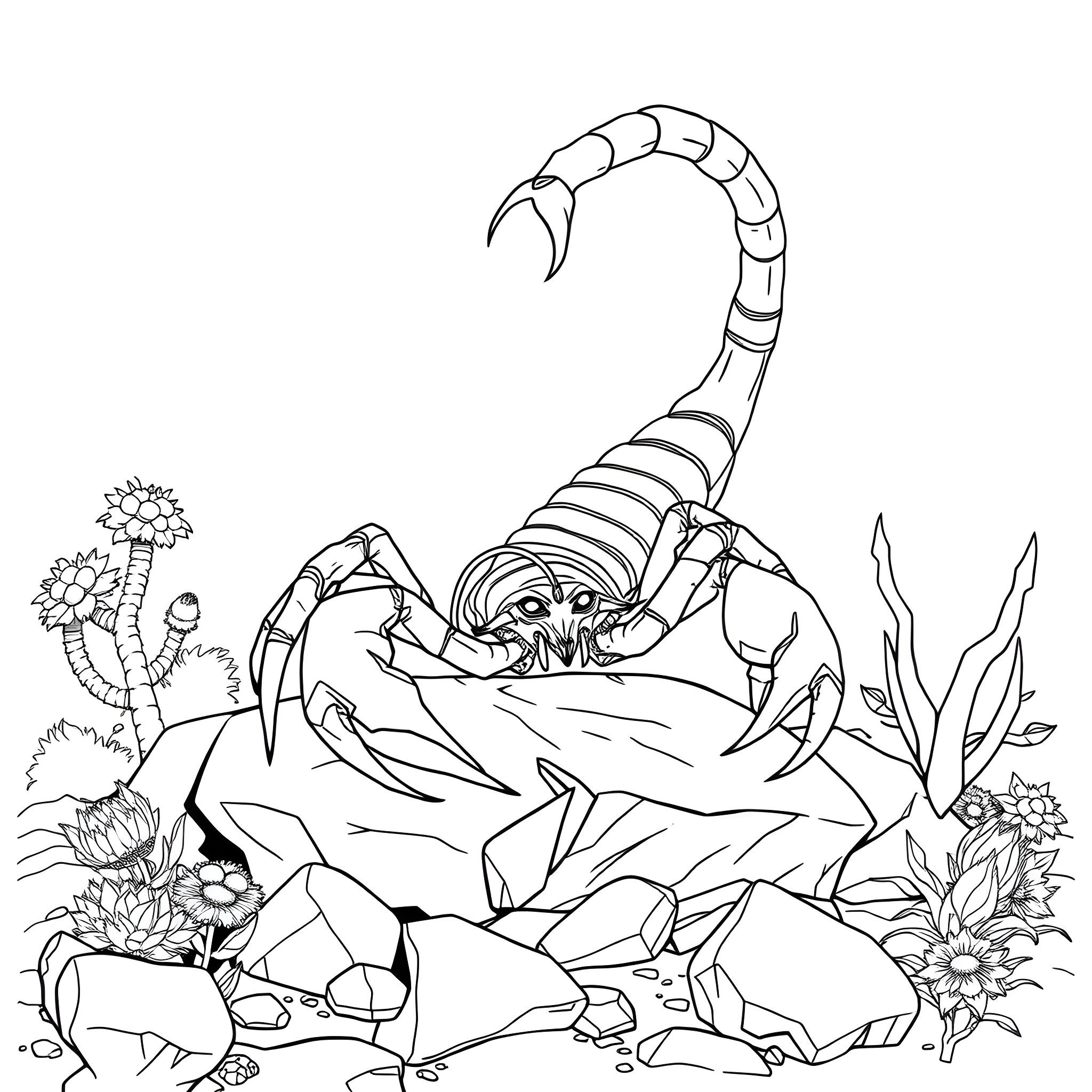 Scorpio scorpion amid vibrant foliage Coloring Page (free black-and-white line drawing printable PDF for all, from beginners to advanced learners, including children, teens, adults, and seniors)