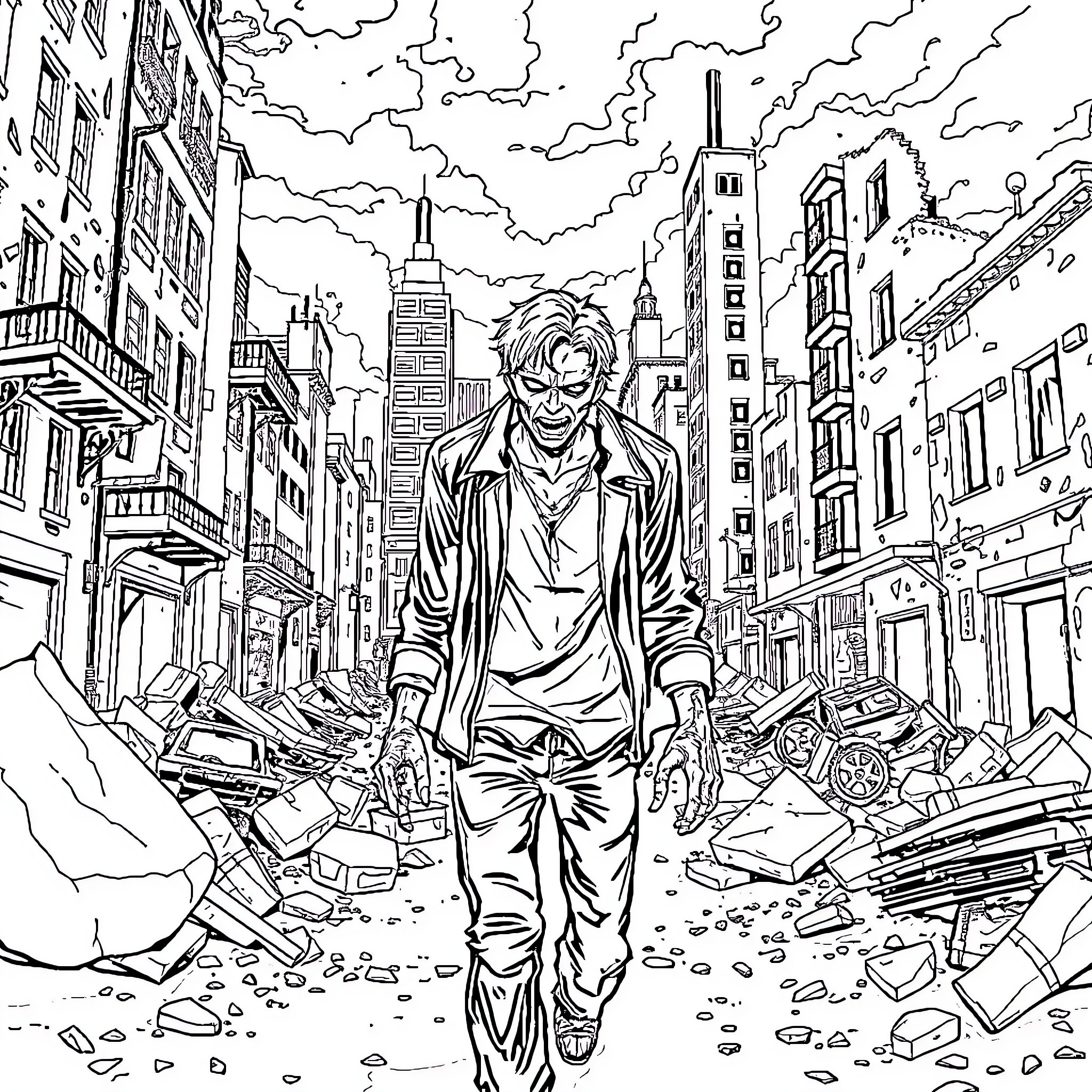 Anime Male Zombie Walks Through Destroyed City Landscape Coloring Page (free black-and-white line drawing printable PDF for all, from beginners to advanced learners, including children, teens, adults, and seniors)