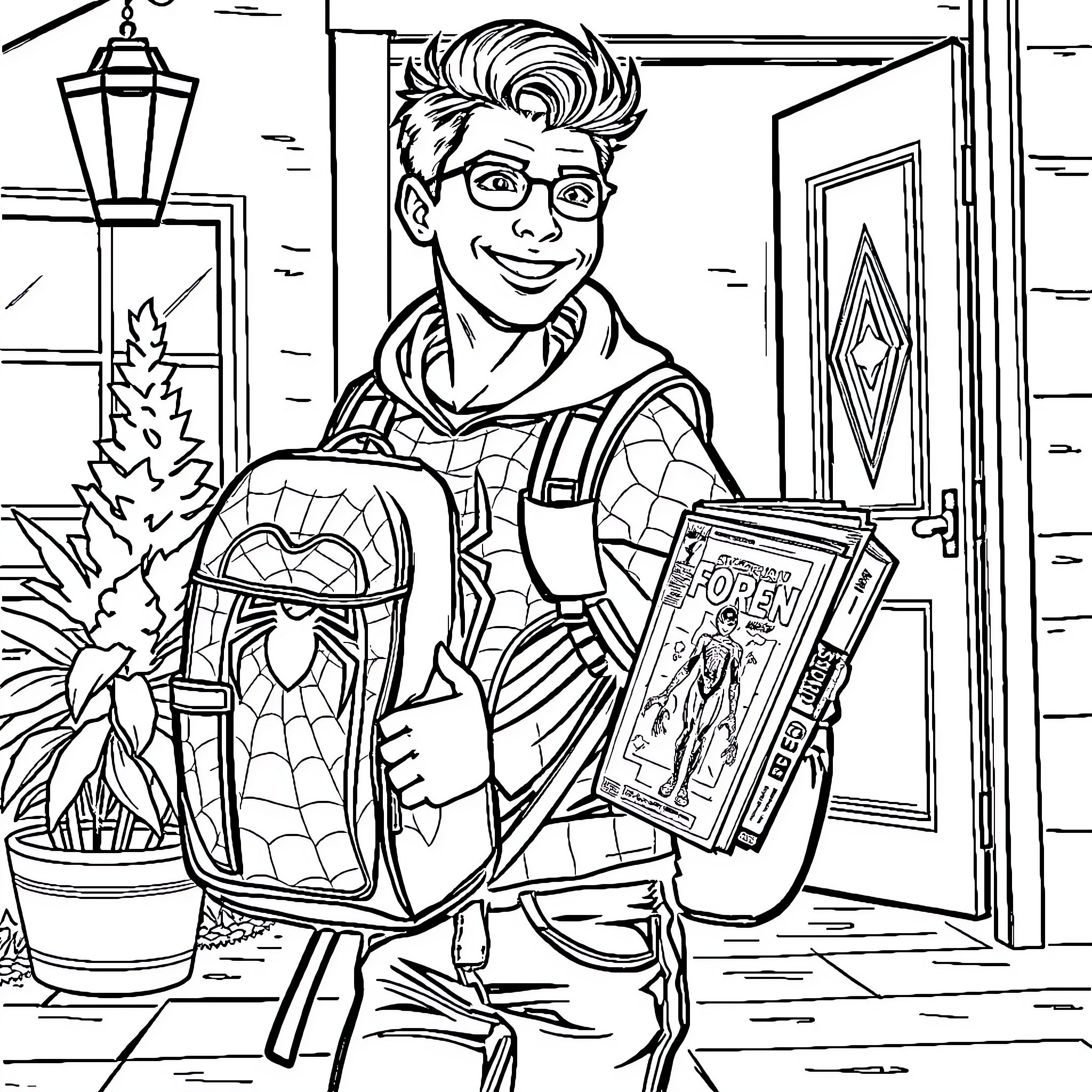 Marvel Comics Fan Exploring the City Coloring Page (free black-and-white line drawing printable PDF for all, from beginners to advanced learners, including children, teens, adults, and seniors)