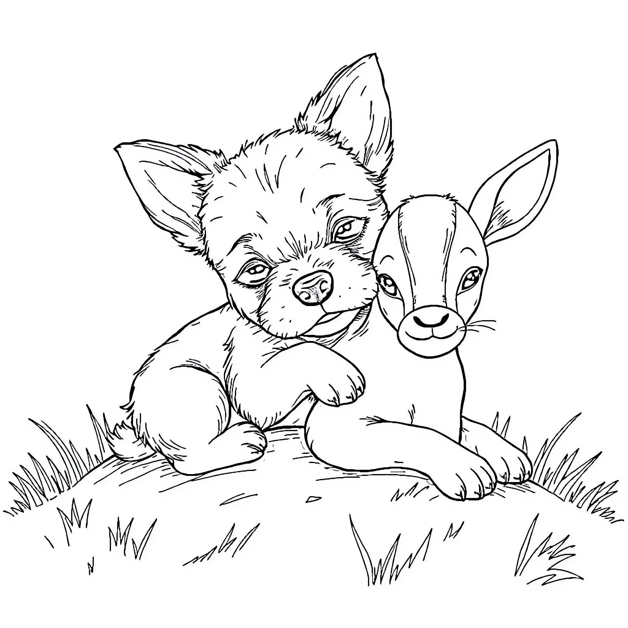 Dog friends playing in the grass Coloring Page (free black-and-white line drawing printable PDF for all, from beginners to advanced learners, including children, teens, adults, and seniors)
