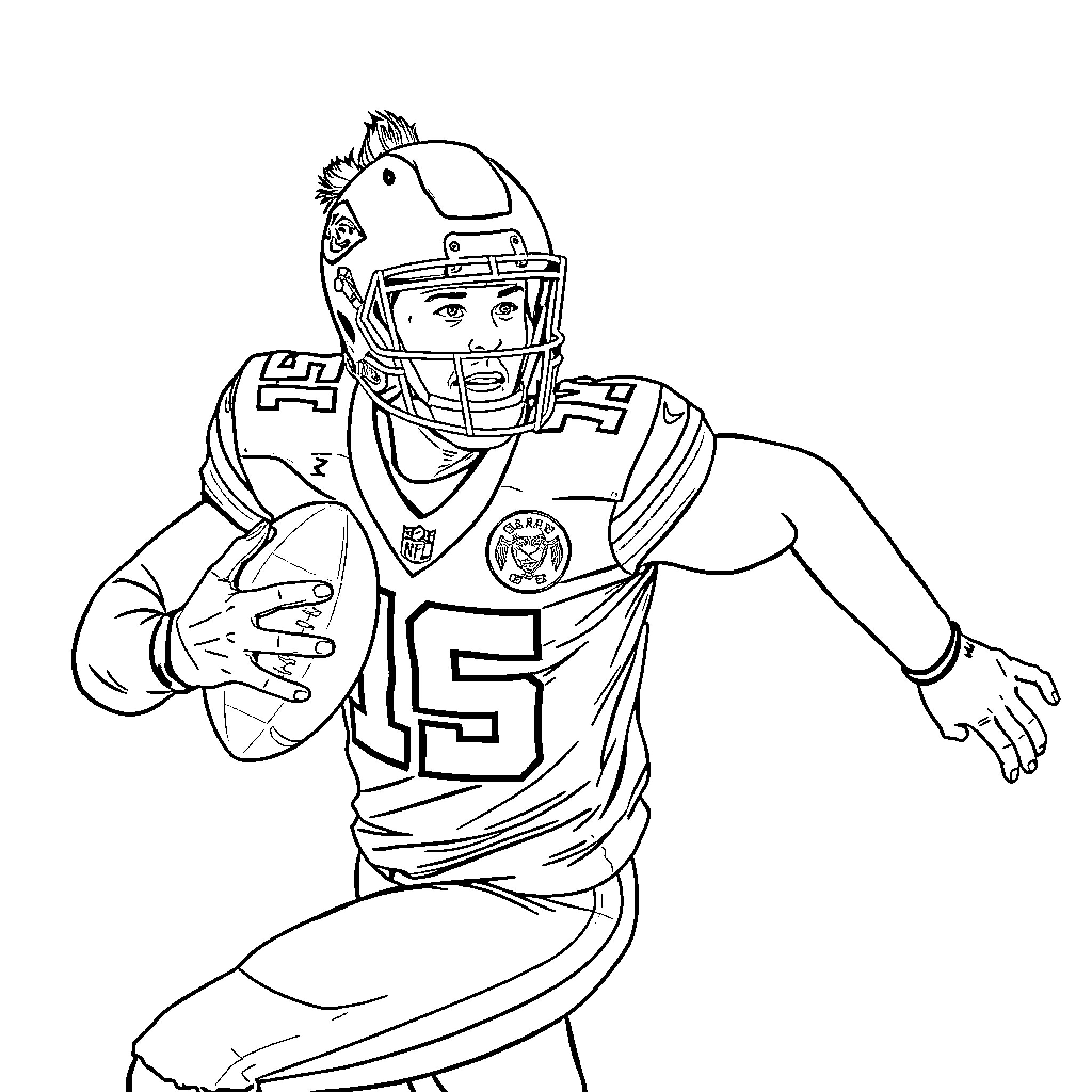 Travis Kelce in action with football gear Coloring Page (free black-and-white line drawing printable PDF for all, from beginners to advanced learners, including children, teens, adults, and seniors)
