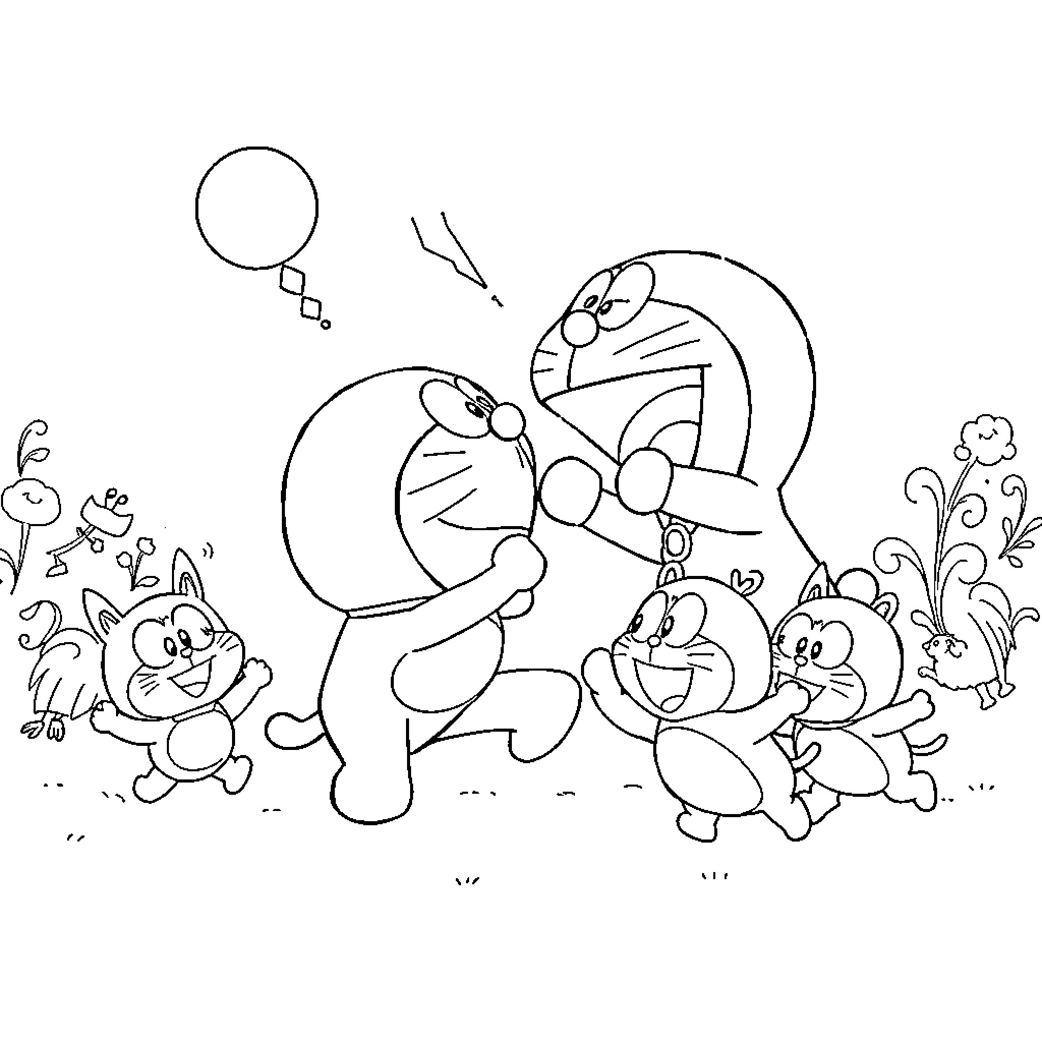 Doraemon and friends in a playful scene Coloring Page (free black-and-white line drawing printable PDF for all, from beginners to advanced learners, including children, teens, adults, and seniors)