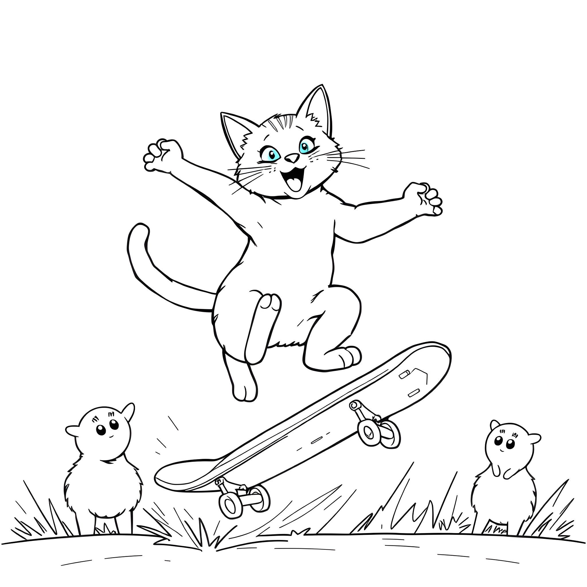 Cat playfully skates with friends in the park Coloring Page (free black-and-white line drawing printable PDF for all, from beginners to advanced learners, including children, teens, adults, and seniors)