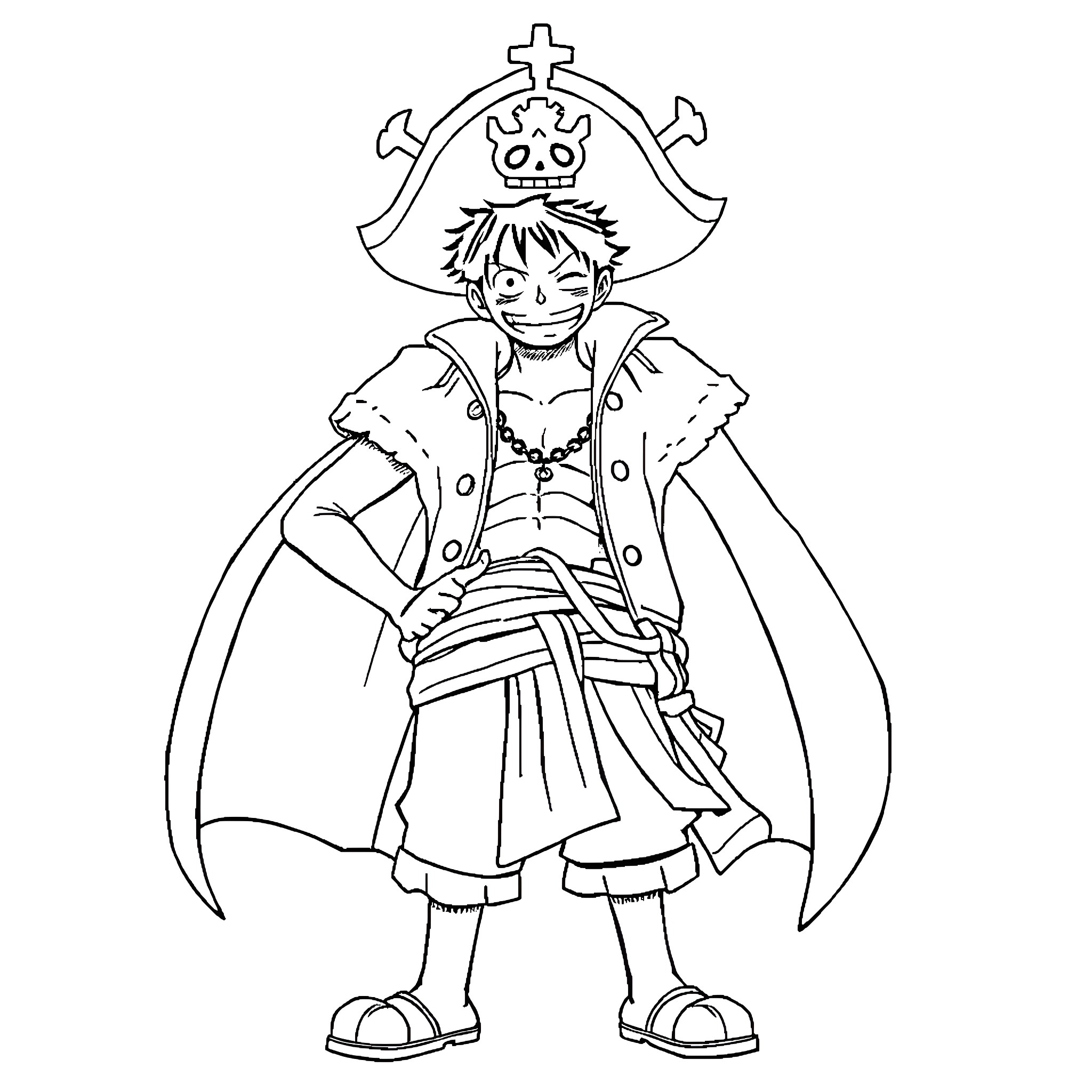 Luffy Decked Out in Pirate Attire Coloring Page (free black-and-white line drawing printable PDF for all, from beginners to advanced learners, including children, teens, adults, and seniors)