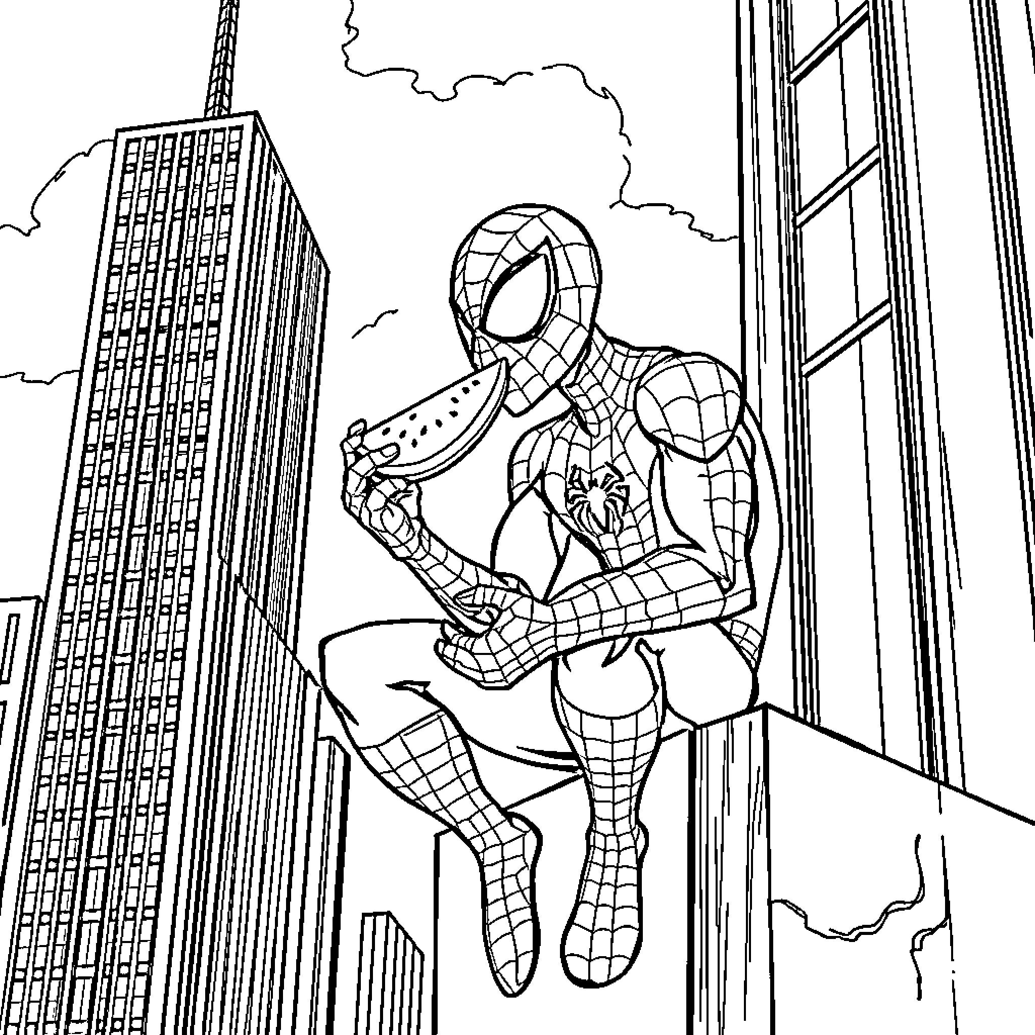 Spiderman swinging through the city Coloring Page (free black-and-white line drawing printable PDF for all, from beginners to advanced learners, including children, teens, adults, and seniors)