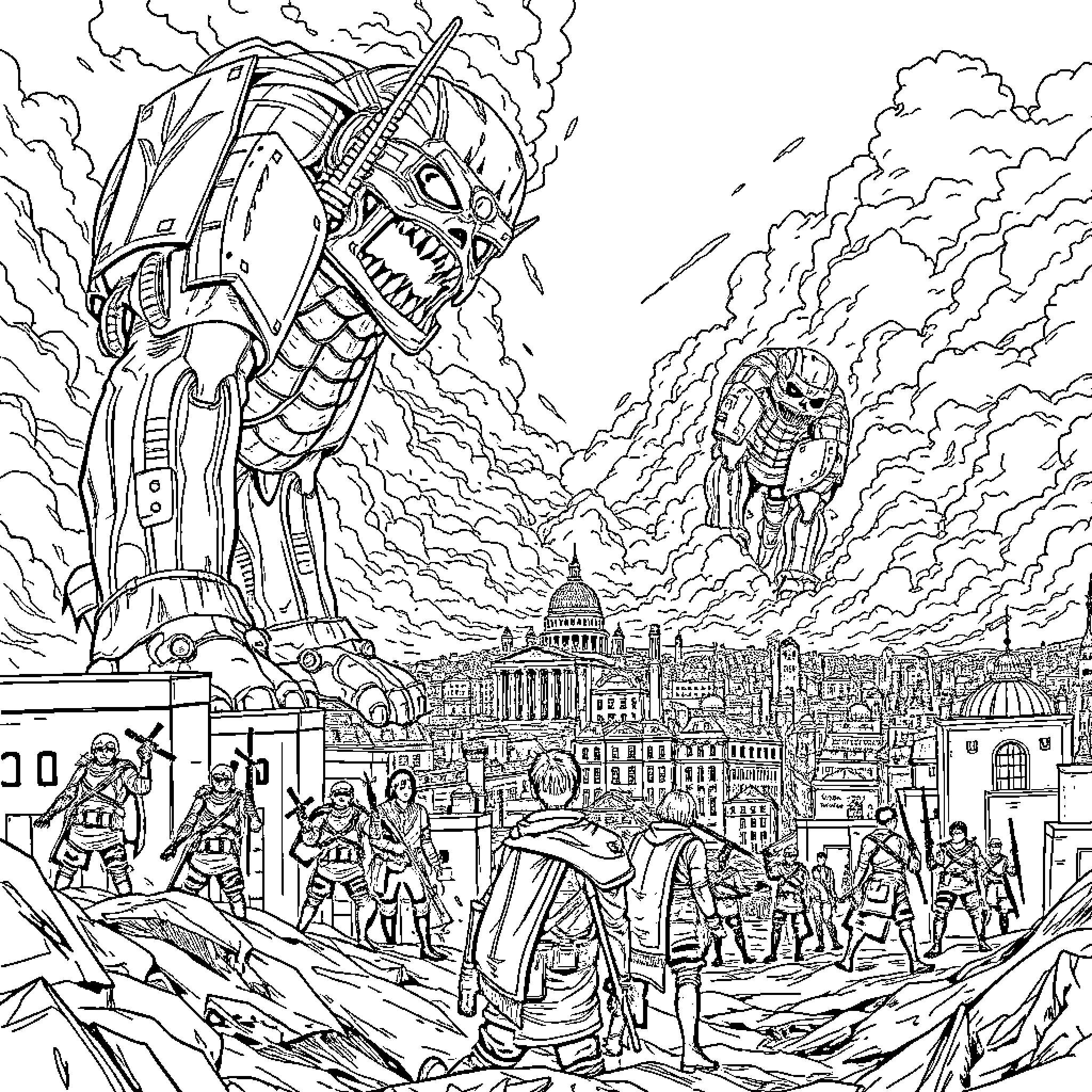 Attack on Titan: Colossal Titan Onslaught in the City Coloring Page (free black-and-white line drawing printable PDF for all, from beginners to advanced learners, including children, teens, adults, and seniors)