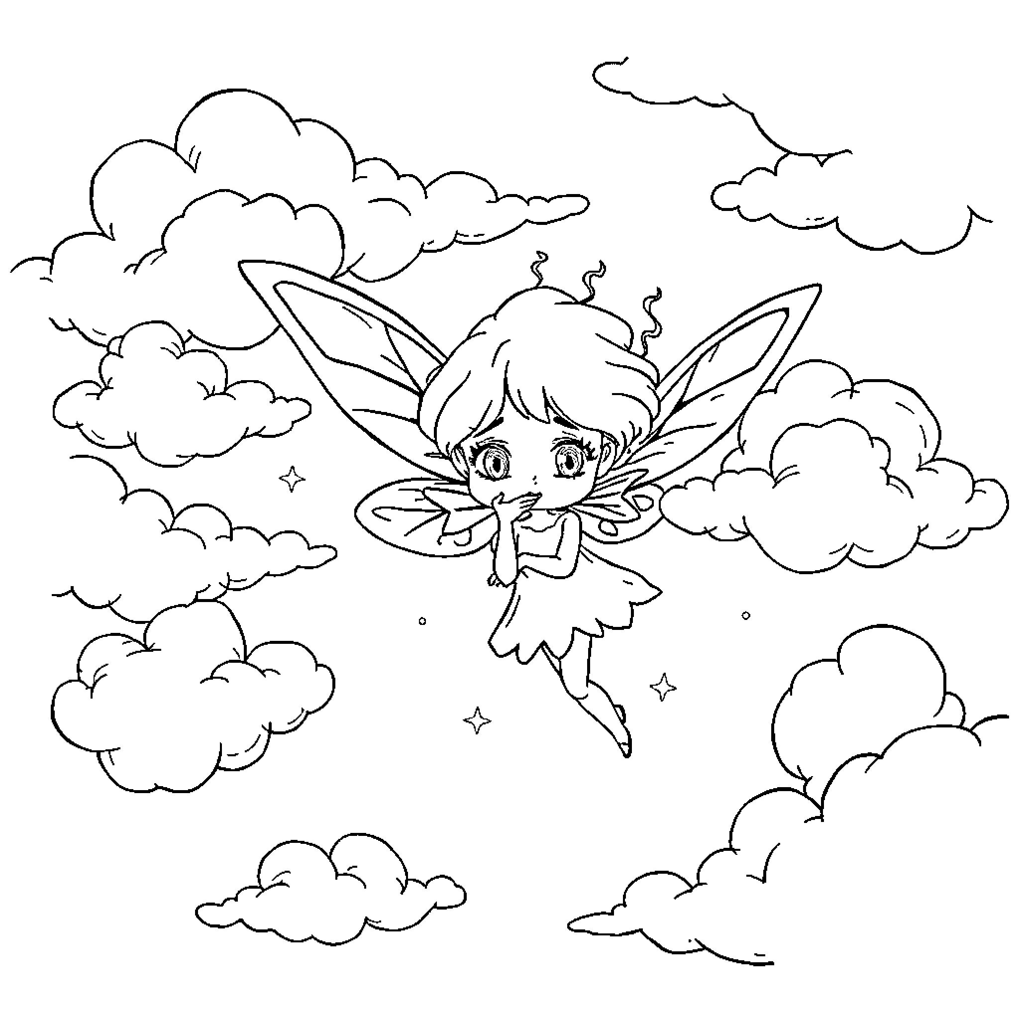 Fairy dancing among the clouds Coloring Page (free black-and-white line drawing printable PDF for all, from beginners to advanced learners, including children, teens, adults, and seniors)
