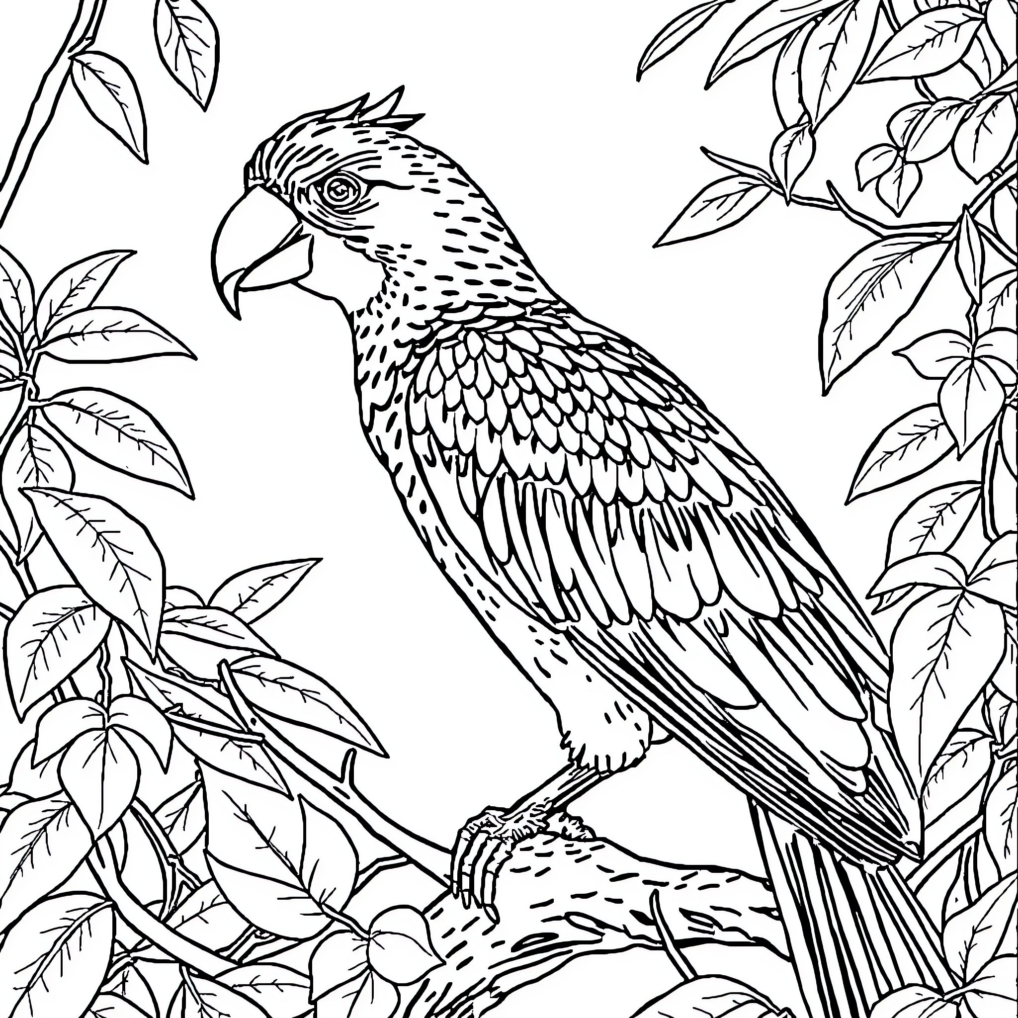 Animal in a Lush Tropical Foliage Coloring Page (free black-and-white line drawing printable PDF for all, from beginners to advanced learners, including children, teens, adults, and seniors)