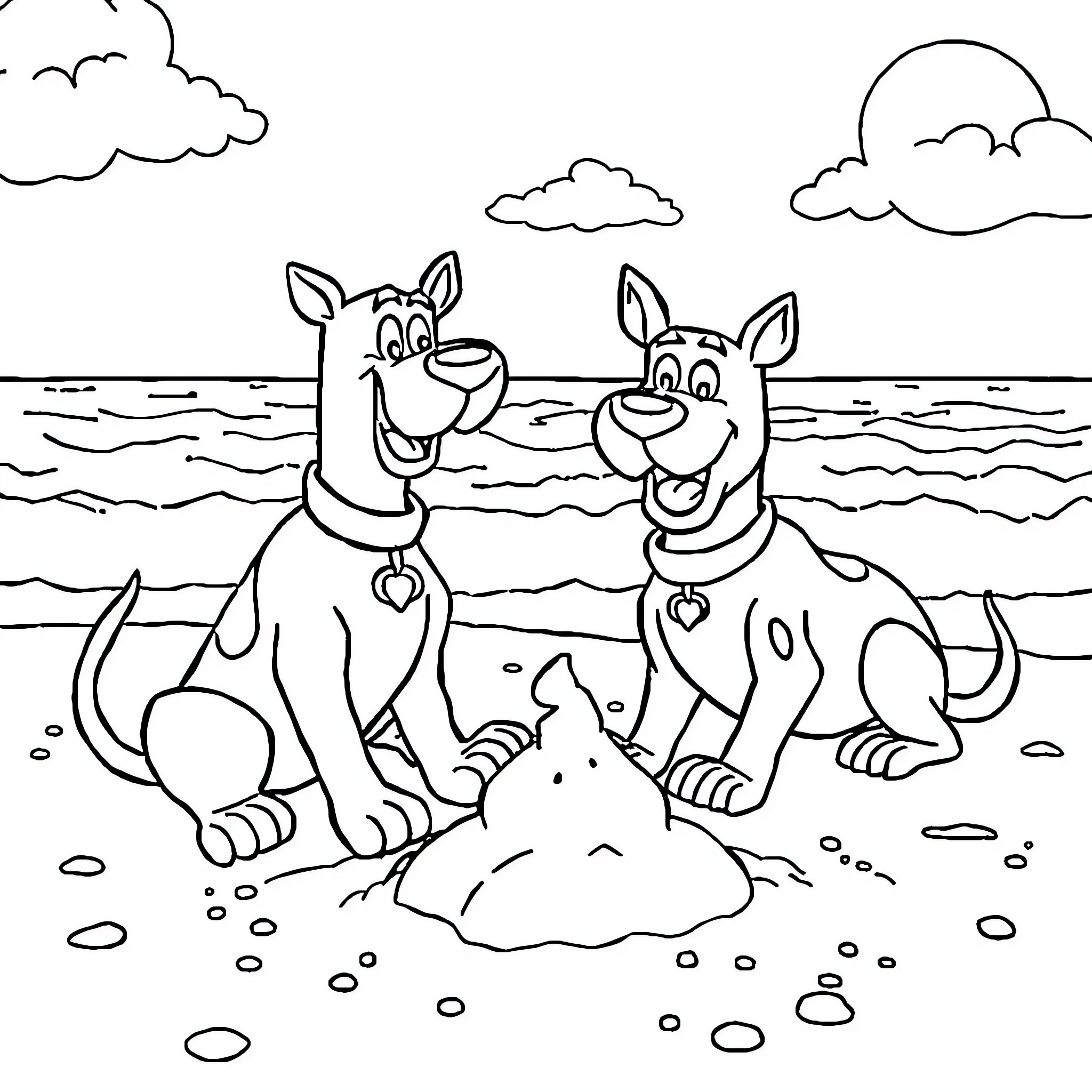 Scooby Doo and Scrappy Doo Playing at the Beach Coloring Page (free black-and-white line drawing printable PDF for all, from beginners to advanced learners, including children, teens, adults, and seniors)
