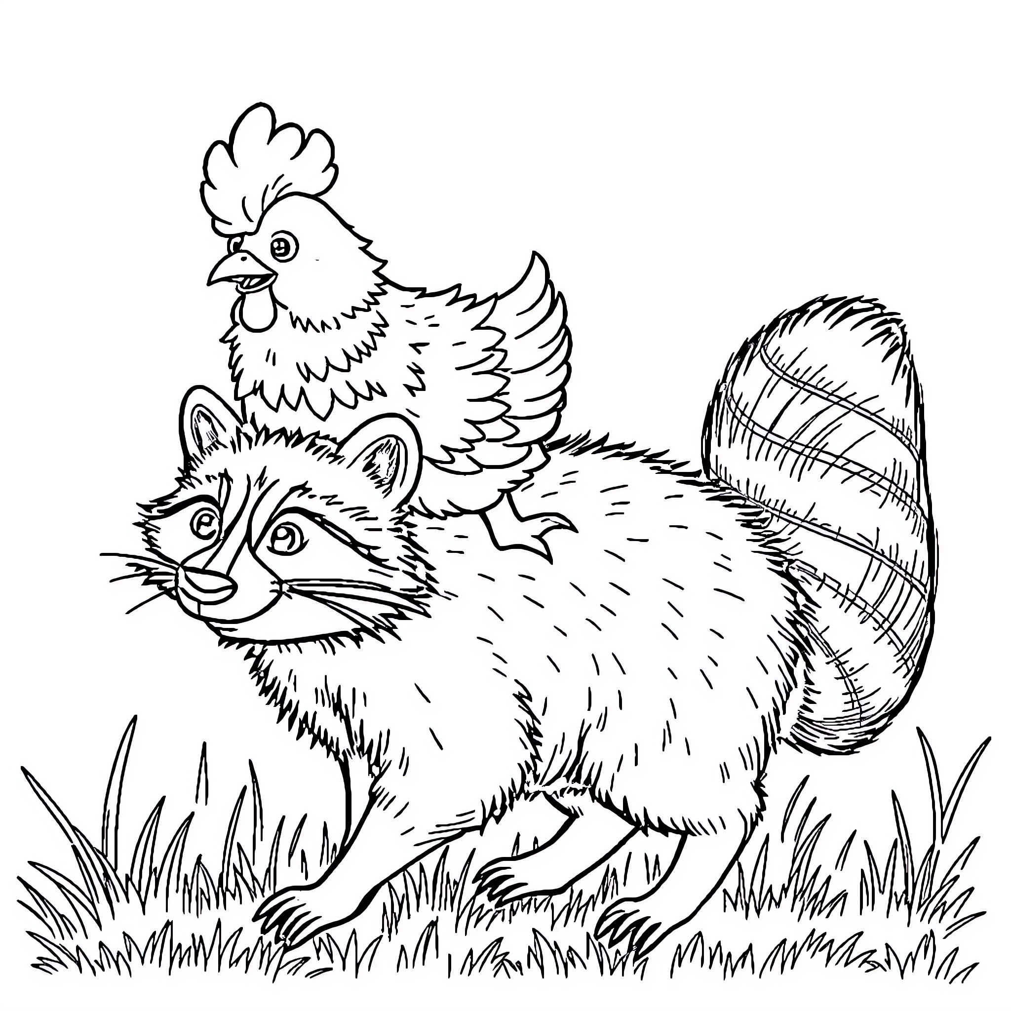 Chicken and raccoon in the meadow Coloring Page (free black-and-white line drawing printable PDF for all, from beginners to advanced learners, including children, teens, adults, and seniors)