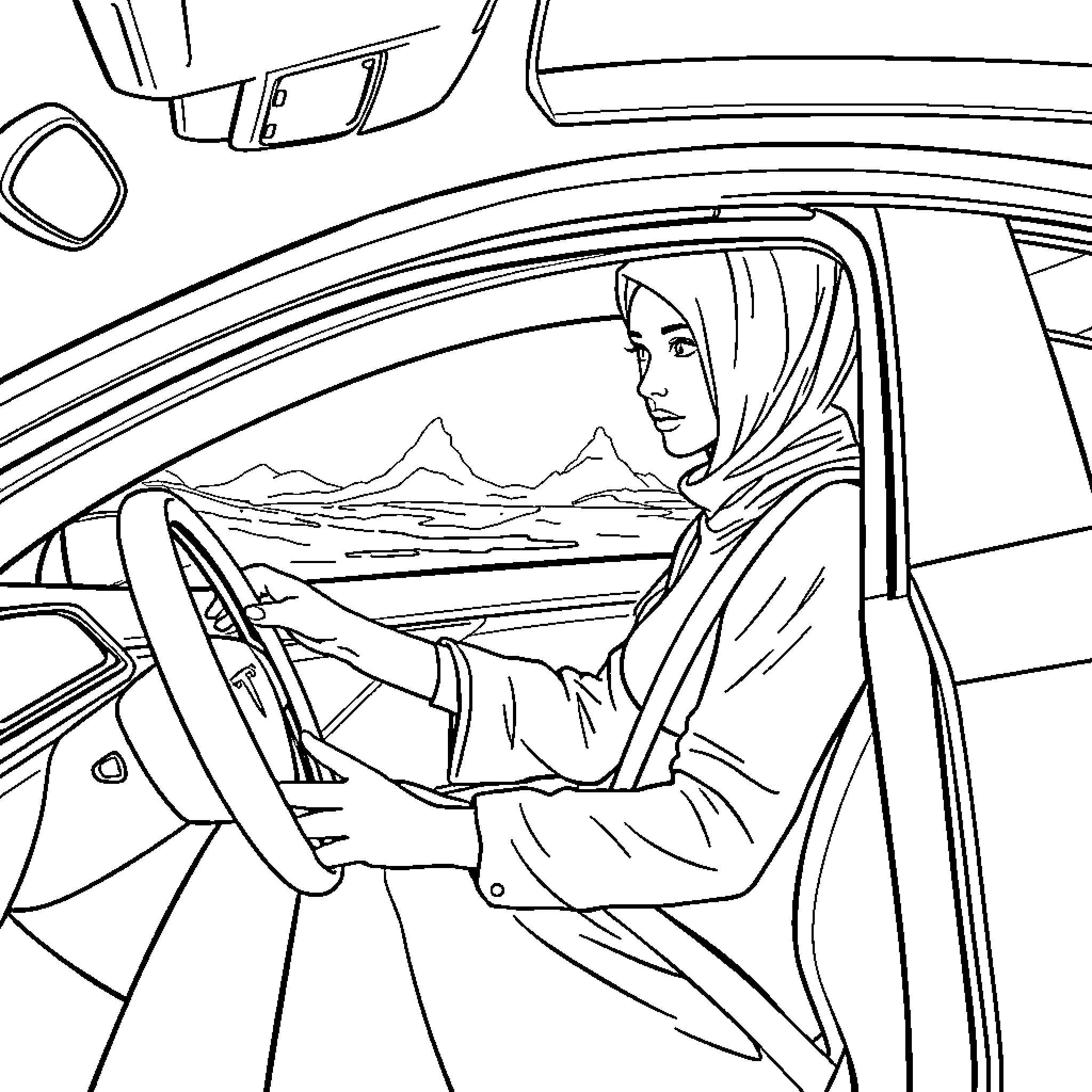 Handmaiden driving car through snowy mountains Coloring Page (free black-and-white line drawing printable PDF for all, from beginners to advanced learners, including children, teens, adults, and seniors)