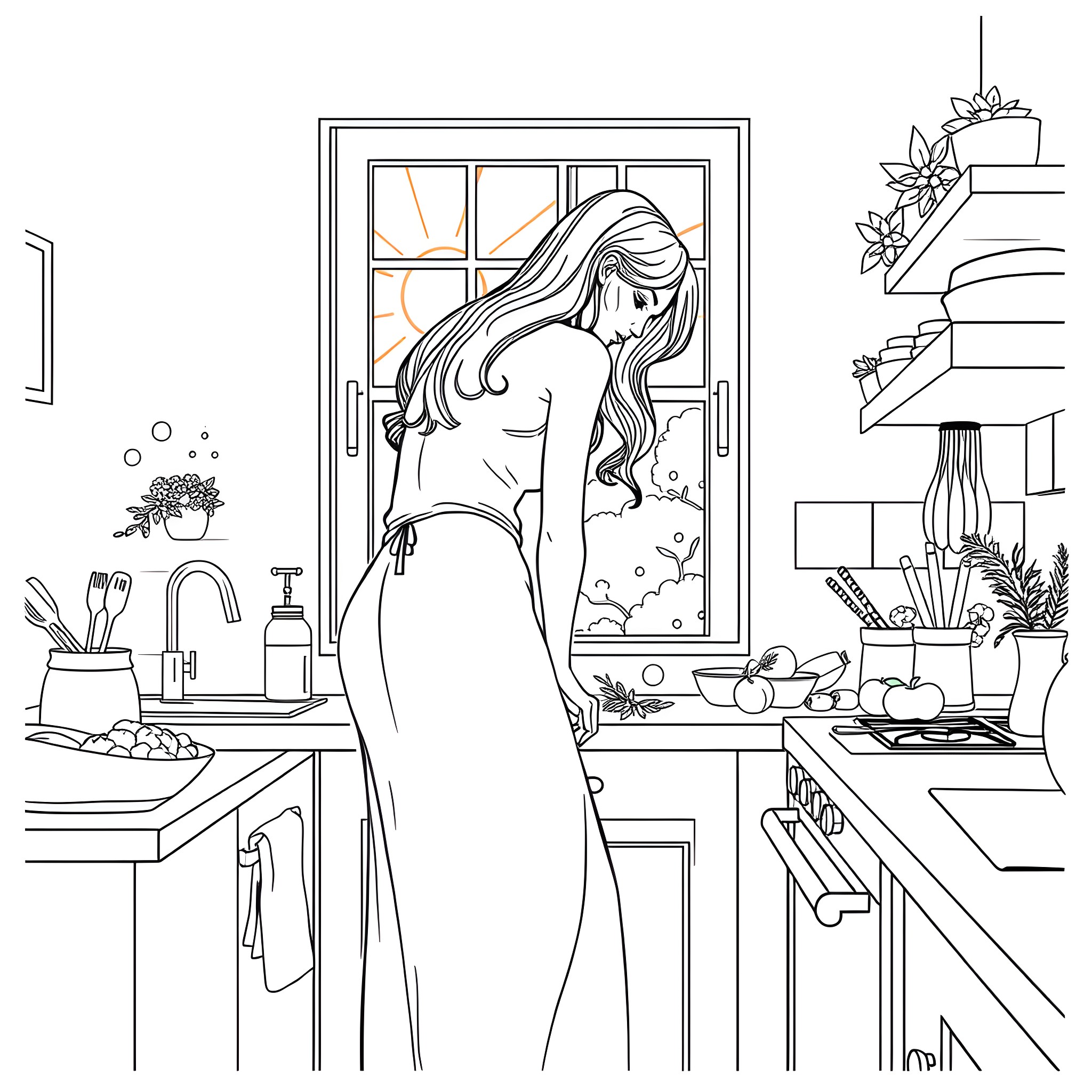 Woman in a kitchen with a scenic view Coloring Page (free black-and-white line drawing printable PDF for all, from beginners to advanced learners, including children, teens, adults, and seniors)