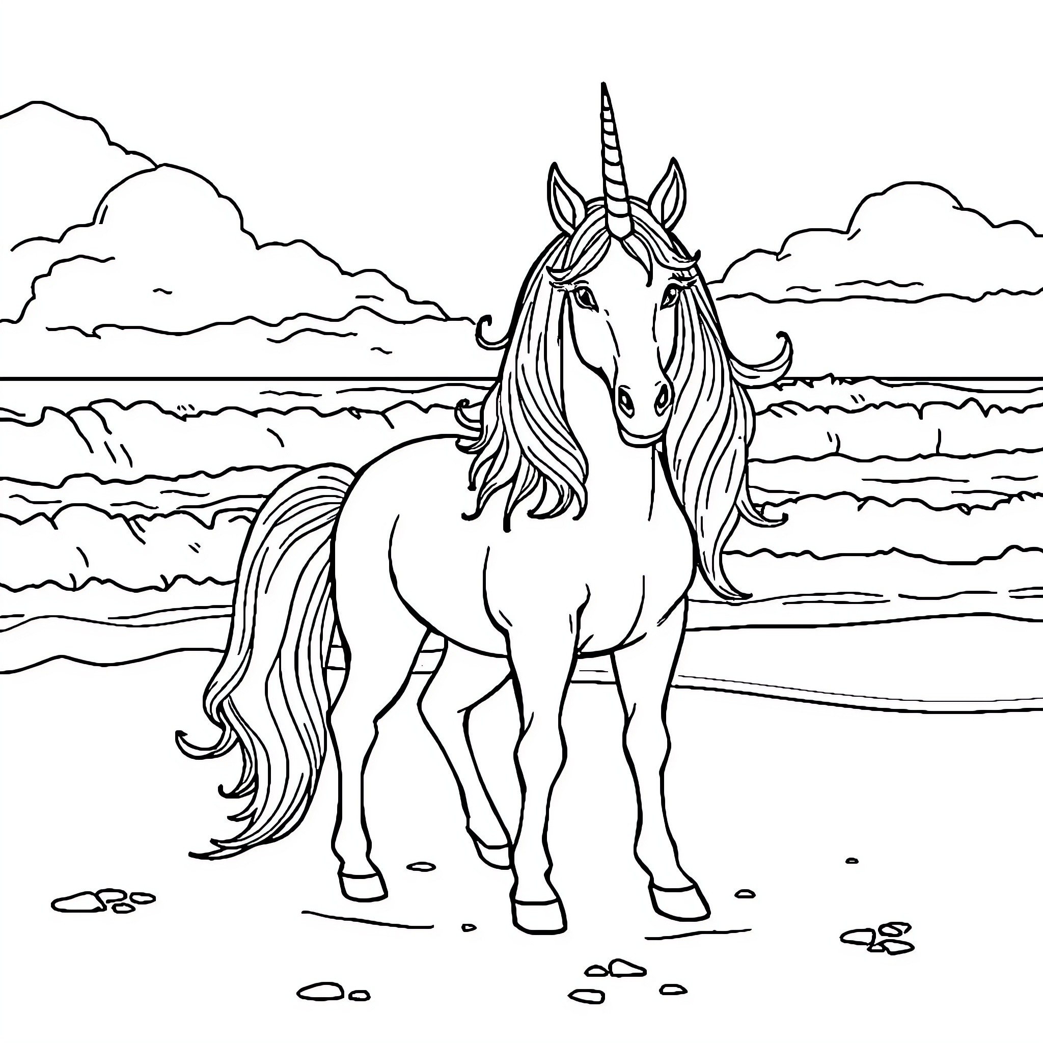 Unicorn standing majestically by the tranquil lake Coloring Page (free black-and-white line drawing printable PDF for all, from beginners to advanced learners, including children, teens, adults, and seniors)