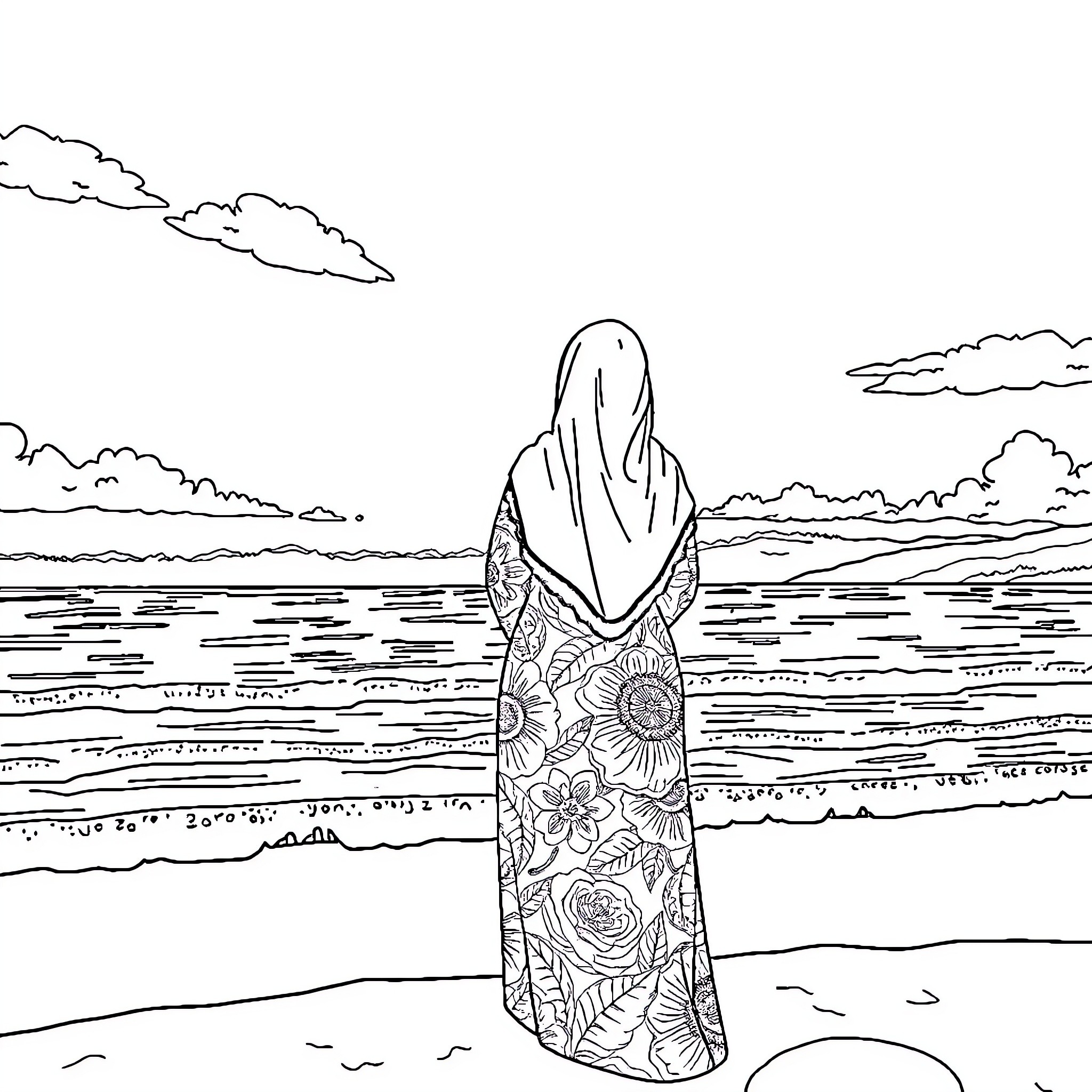Woman reflecting by the peaceful ocean Coloring Page (free black-and-white line drawing printable PDF for all, from beginners to advanced learners, including children, teens, adults, and seniors)