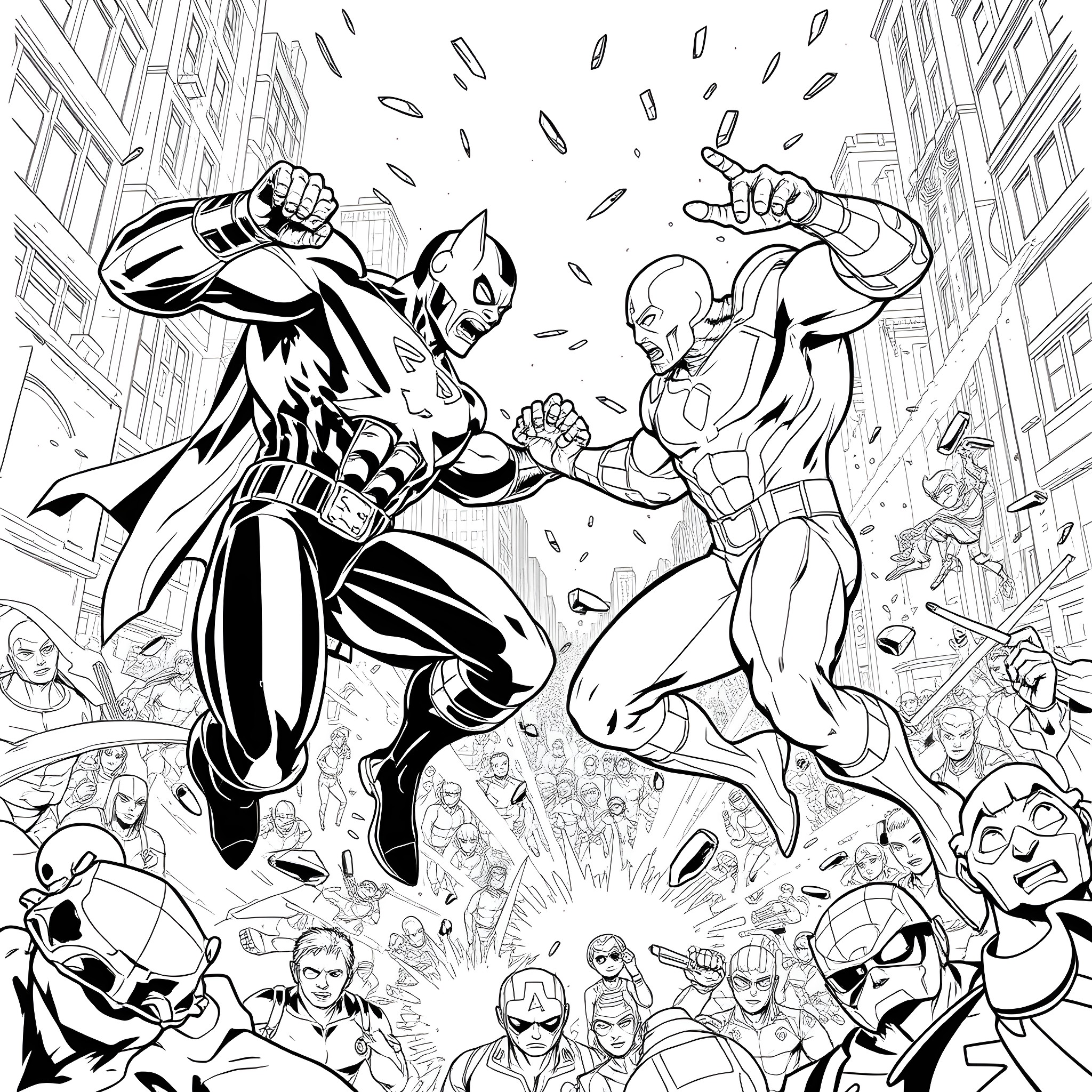 Marvel Rival Superheroes in Epic Battle Coloring Page (free black-and-white line drawing printable PDF for all, from beginners to advanced learners, including children, teens, adults, and seniors)