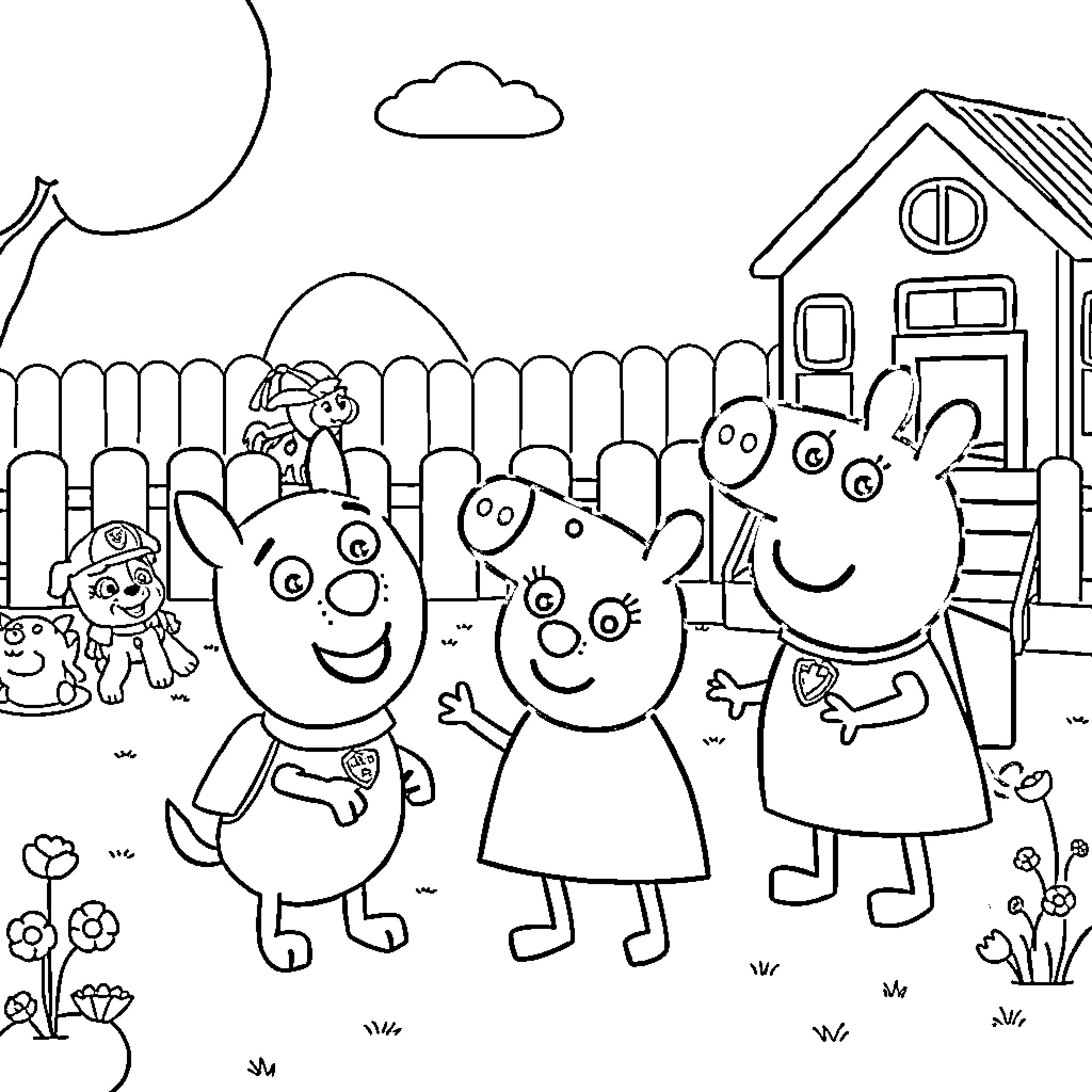 Peppa Pig and family playing in the backyard Coloring Page (free black-and-white line drawing printable PDF for all, from beginners to advanced learners, including children, teens, adults, and seniors)