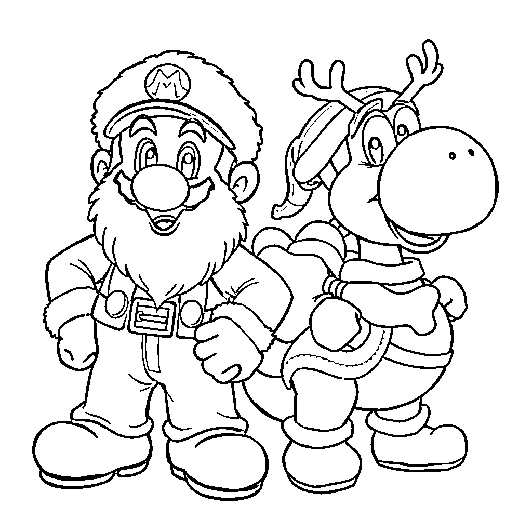 Mario and Reindeer Companion in Winter Attire Coloring Page (free black-and-white line drawing printable PDF for all, from beginners to advanced learners, including children, teens, adults, and seniors)