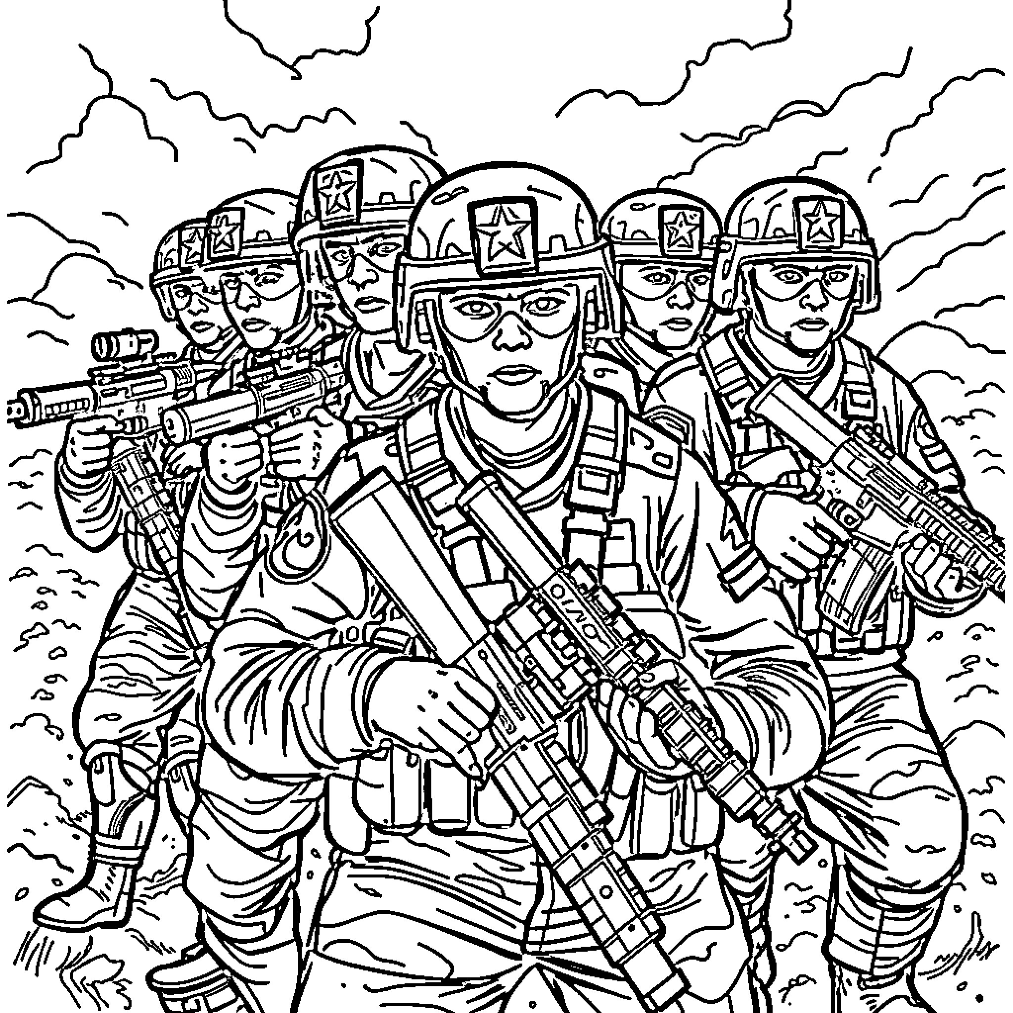 Marine Squad in Battle Gear Facing Challenges Coloring Page (free black-and-white line drawing printable PDF for all, from beginners to advanced learners, including children, teens, adults, and seniors)